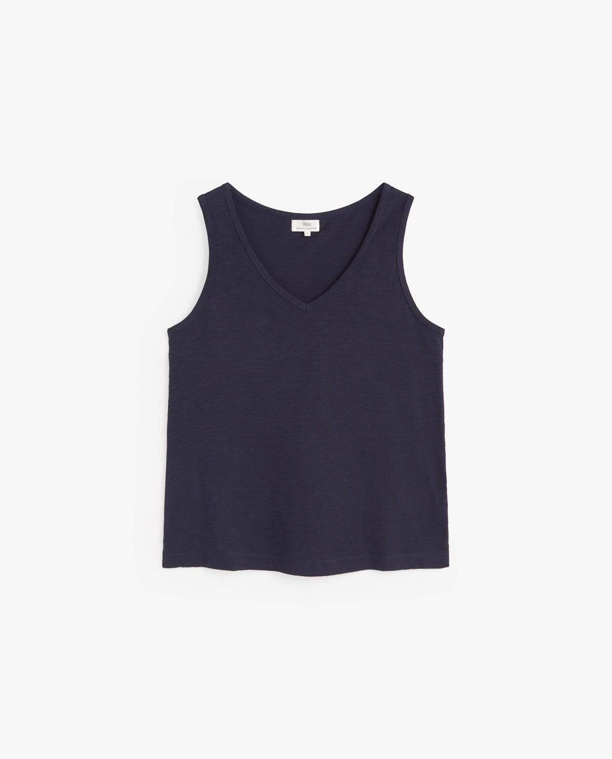 Top sin mangas algodón orgánico en color azul oscuro, vista frontal con detalle del tejido 5