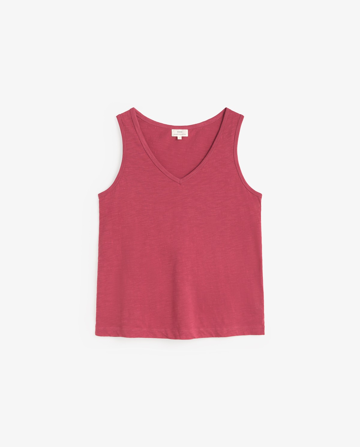 Top sin mangas algodón orgánico en color frambuesa, vista frontal con detalle del tejido 5