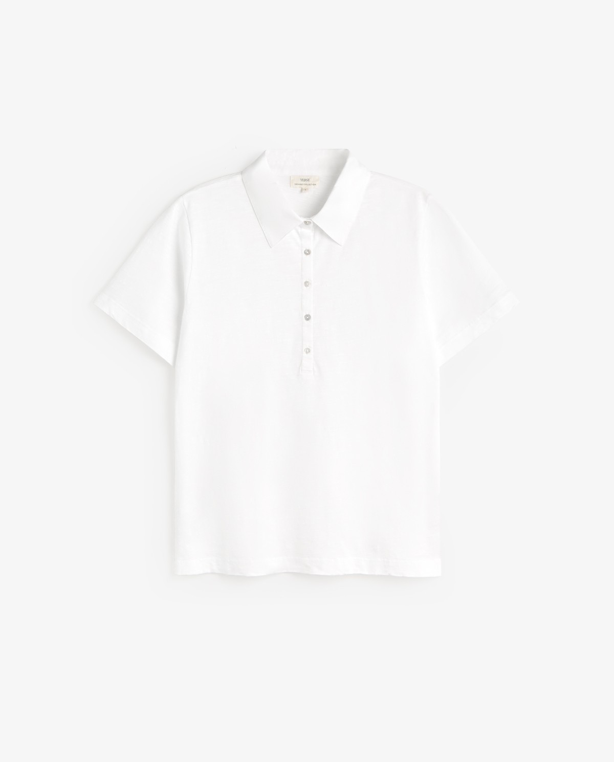 Camiseta cuello polo algodón orgánico en color blanco, vista frontal con detalle del tejido 5