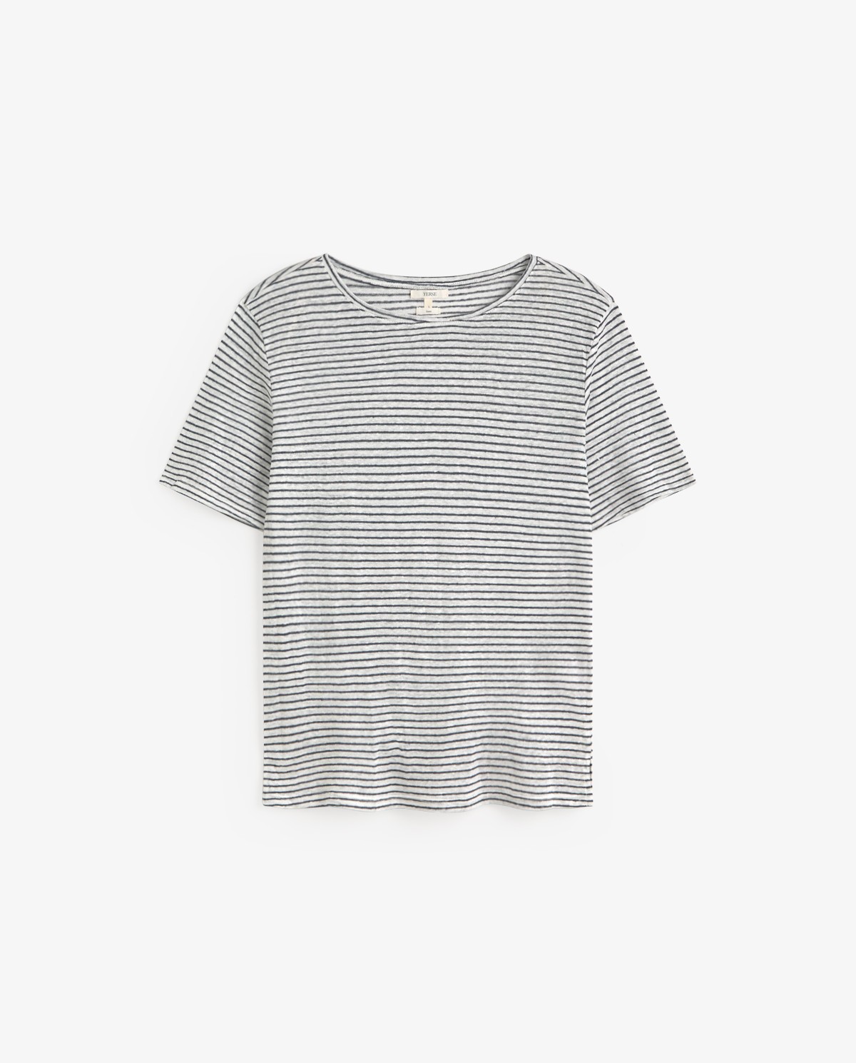 Camiseta lino manga corta rayas en color azul oscuro, vista frontal con detalle del tejido 6