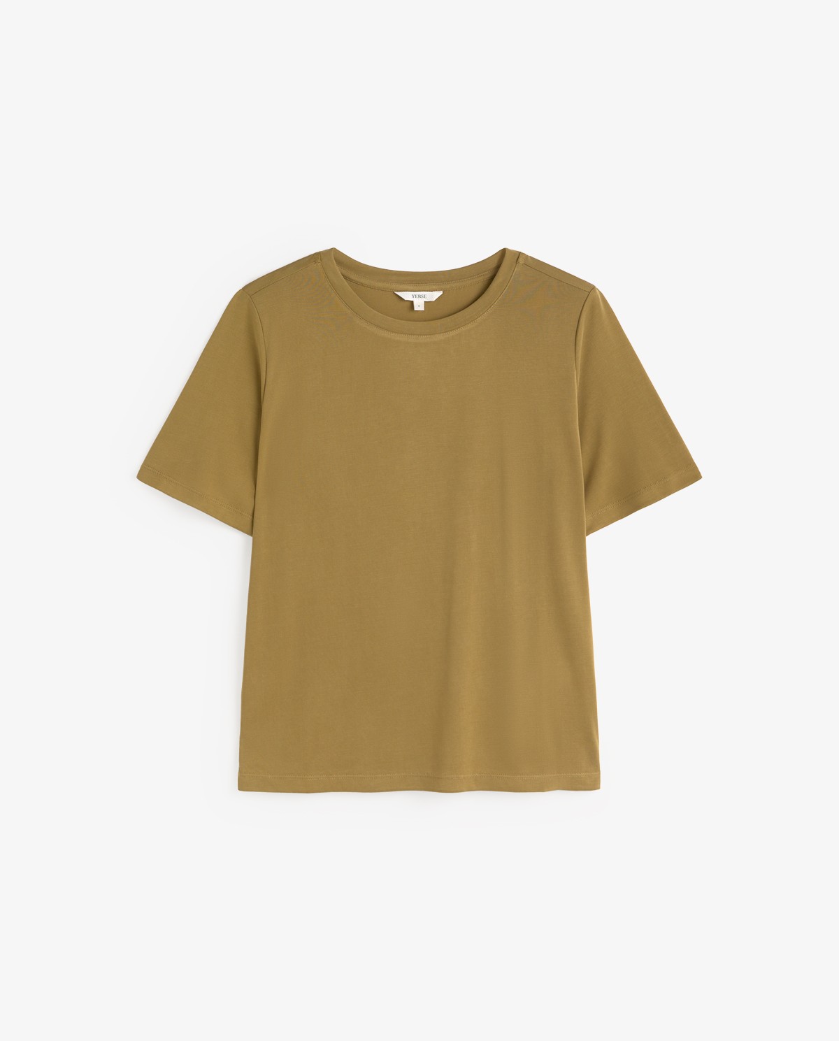 Camiseta fluida manga corta en color caqui, vista frontal con detalle del tejido 7