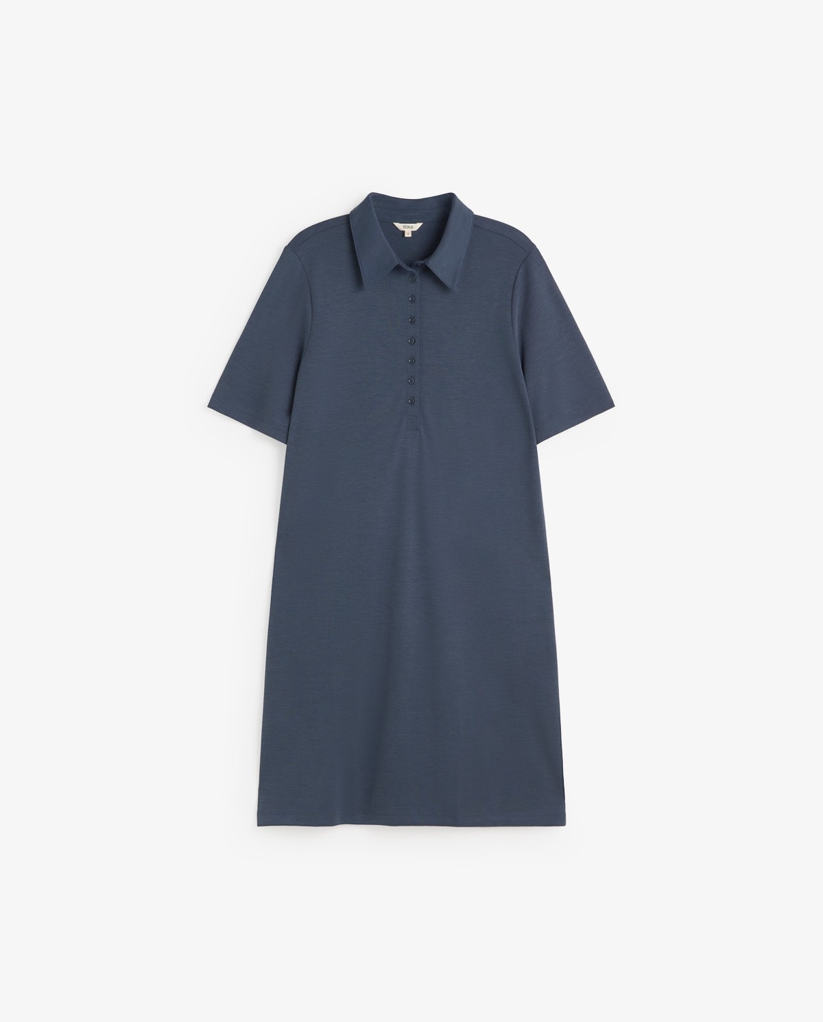 Vestido corto cuello polo en color azul oscuro, vista frontal con detalle del tejido 4