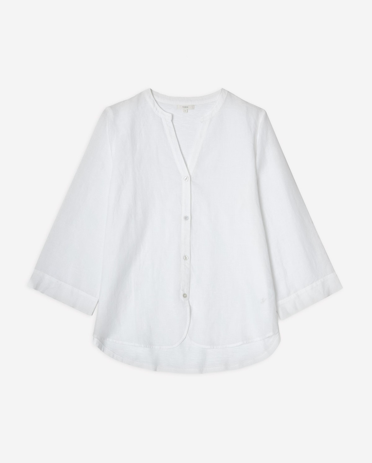 Blusa lino y algodón manga francesa en color blanco, vista frontal con detalle del tejido 7