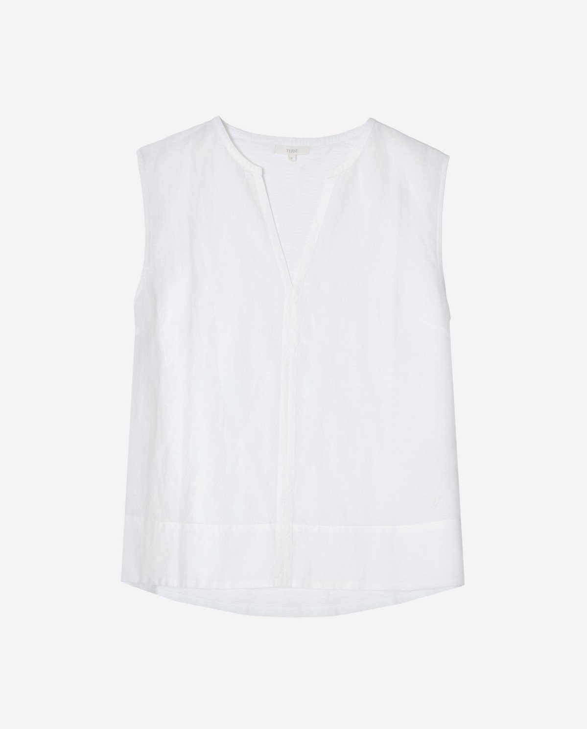 Blusa lino y algodón sin mangas en color blanco, vista frontal con detalle del tejido 6