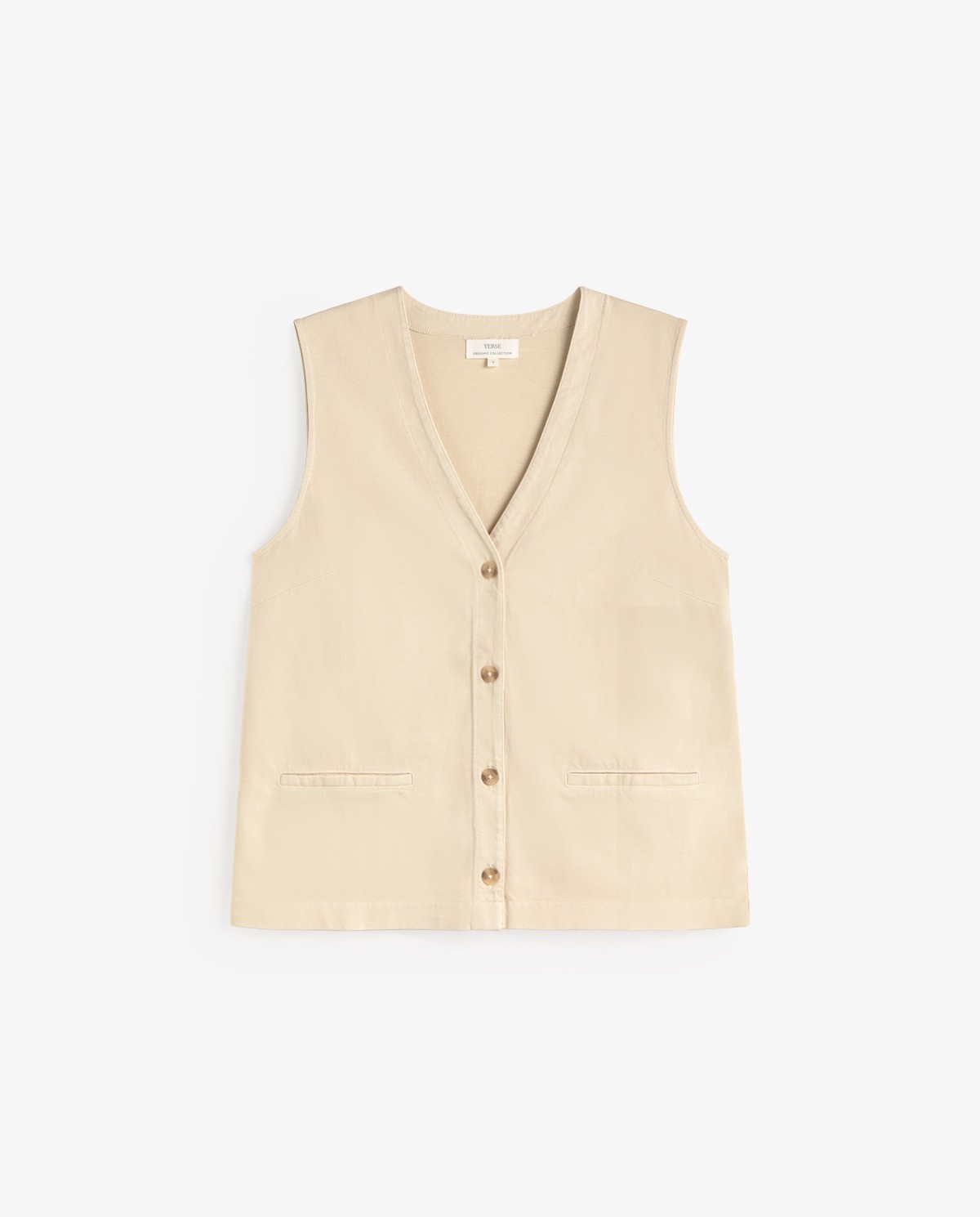 Chaleco de punto algodón orgánico en color natural, vista frontal con detalle del tejido 5