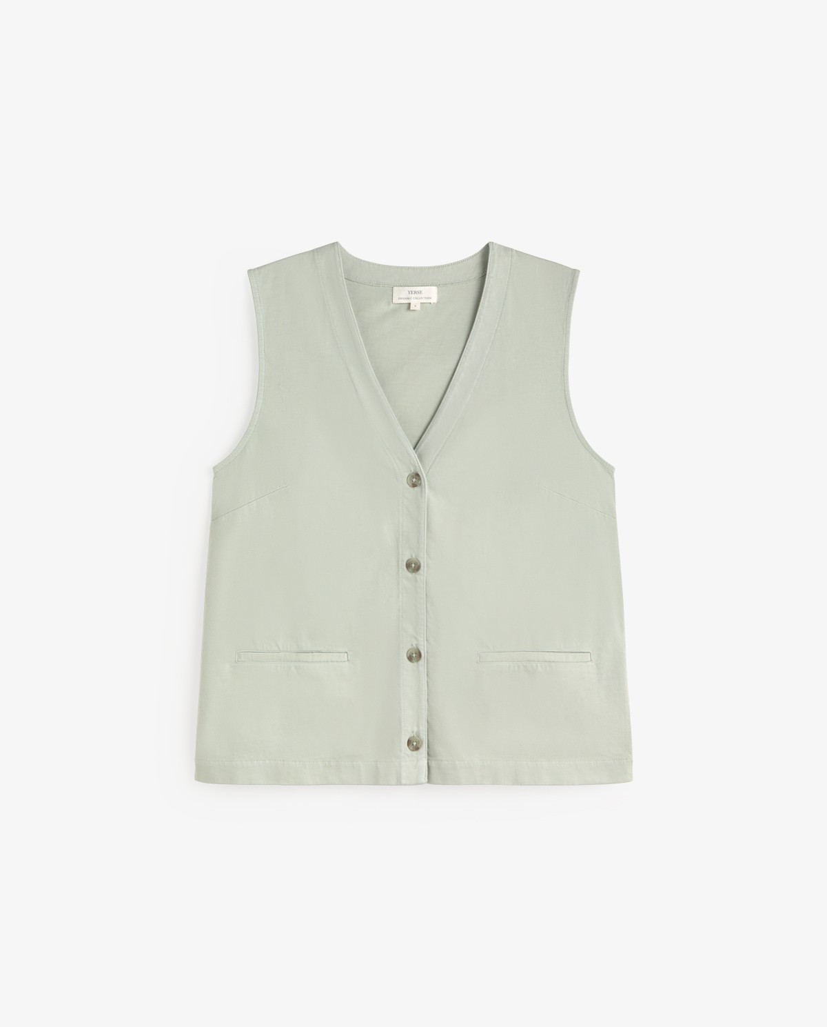 Chaleco de punto algodón orgánico en color verde aguamarina, vista frontal con detalle del tejido 4