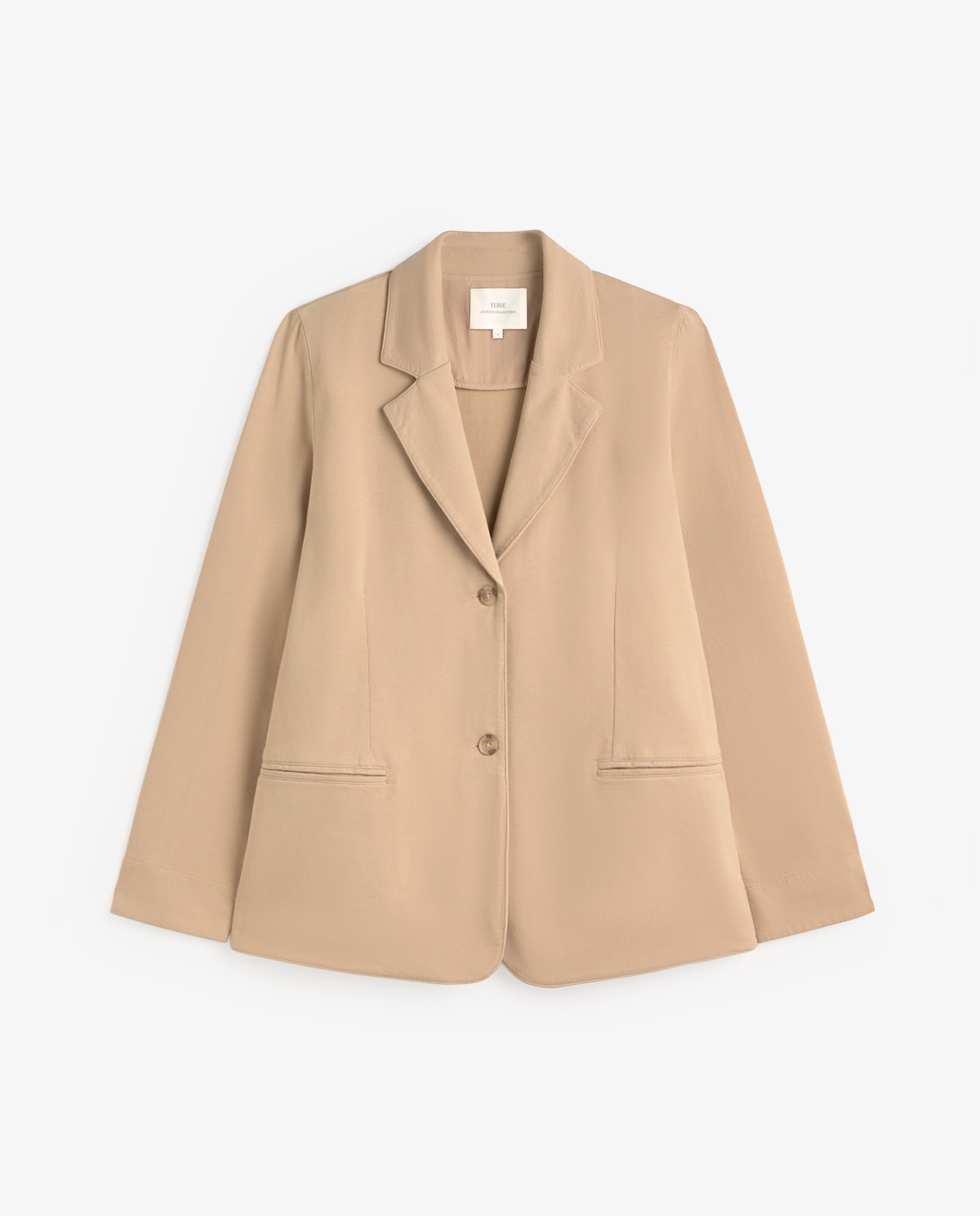 Blazer algodón orgánico con botones en color arena, vista frontal con detalle del tejido 6