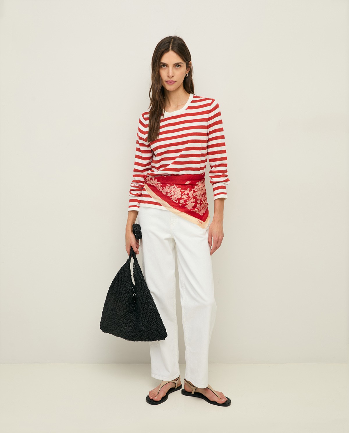 Jersey algodón estampado rayas en color terracota, vista frontal con detalle del tejido 6