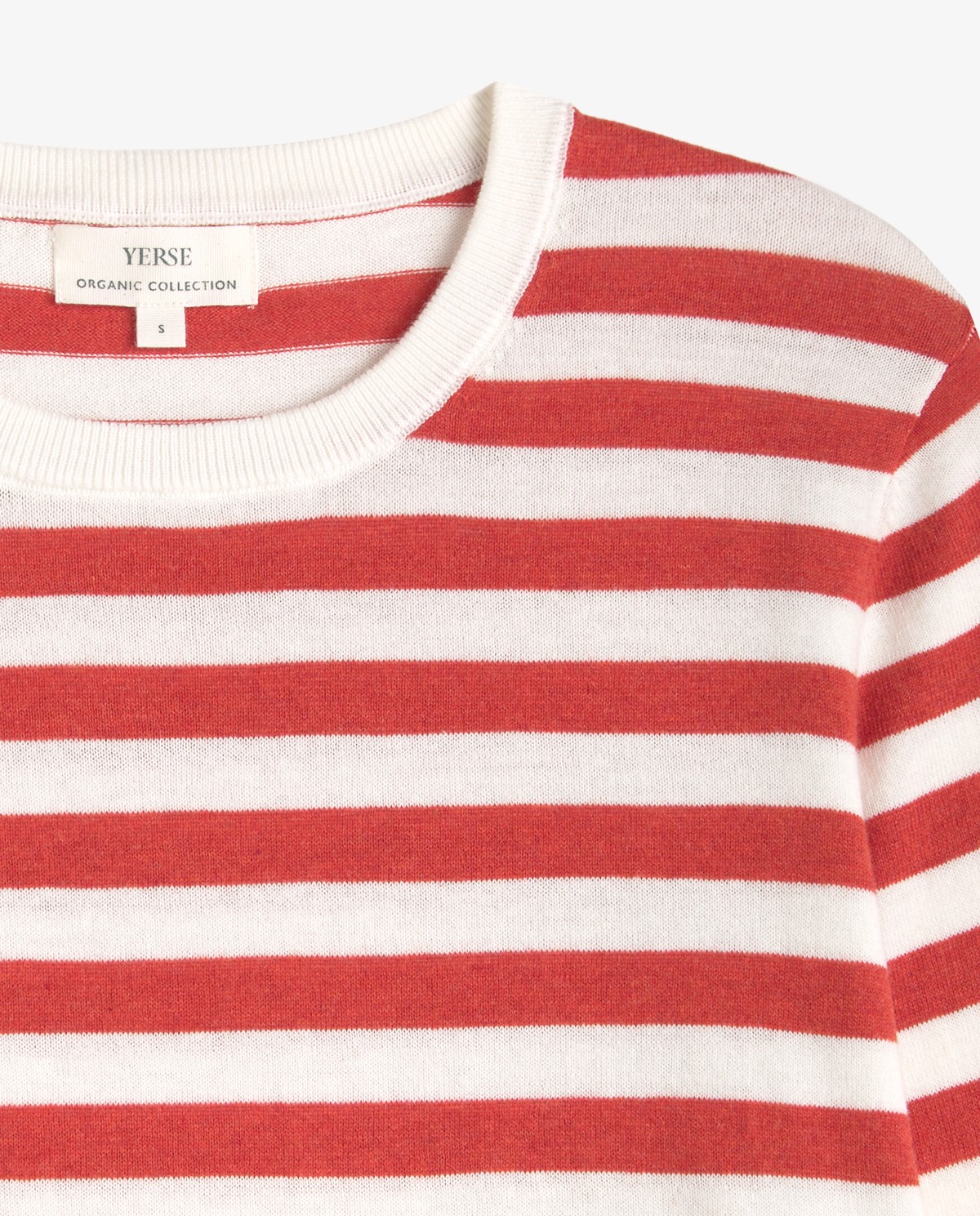 Jersey algodón estampado rayas en color terracota, vista frontal con detalle del tejido 8