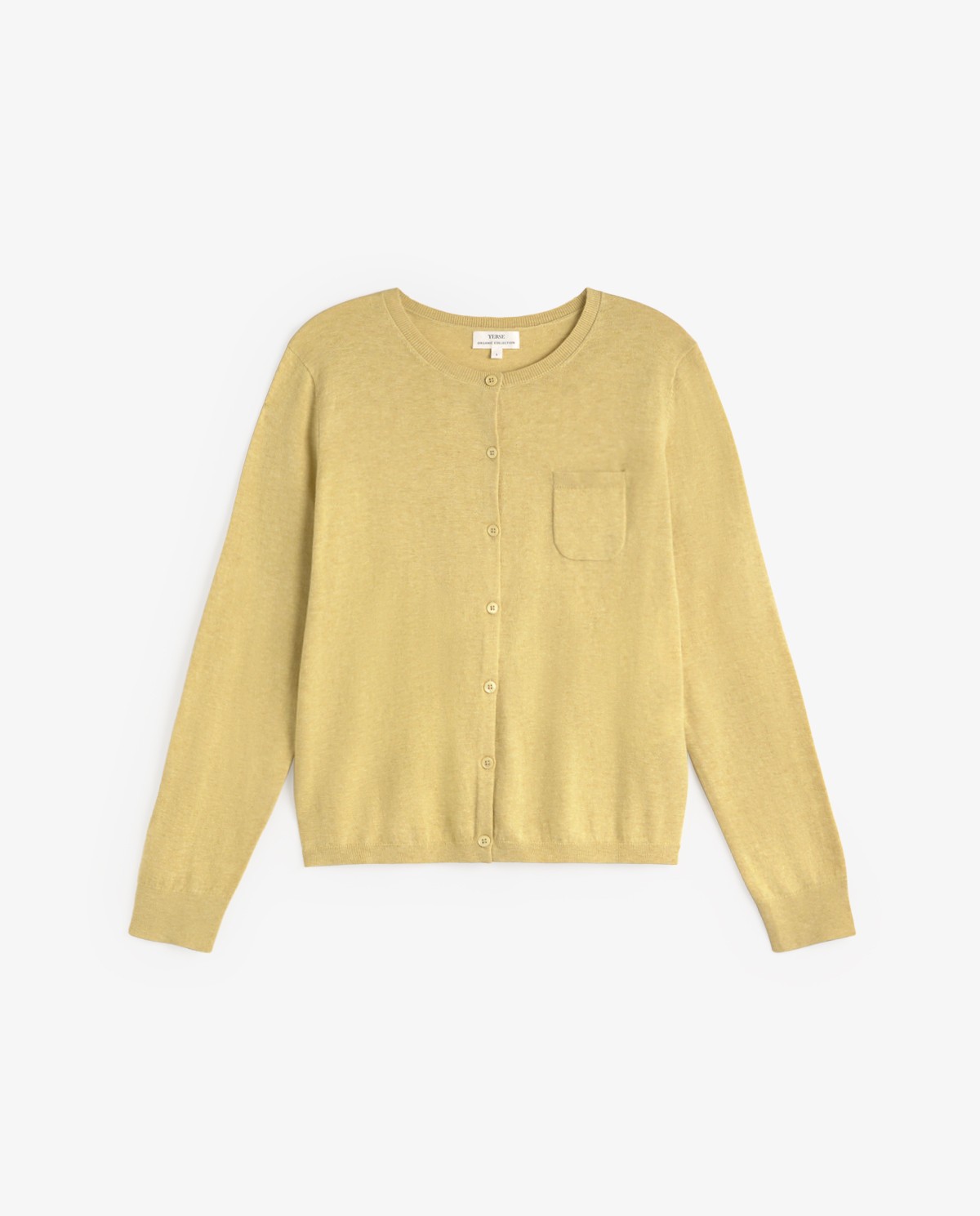 Cárdigan manga larga algodón orgánico en color amarillo, vista frontal con detalle del tejido 6
