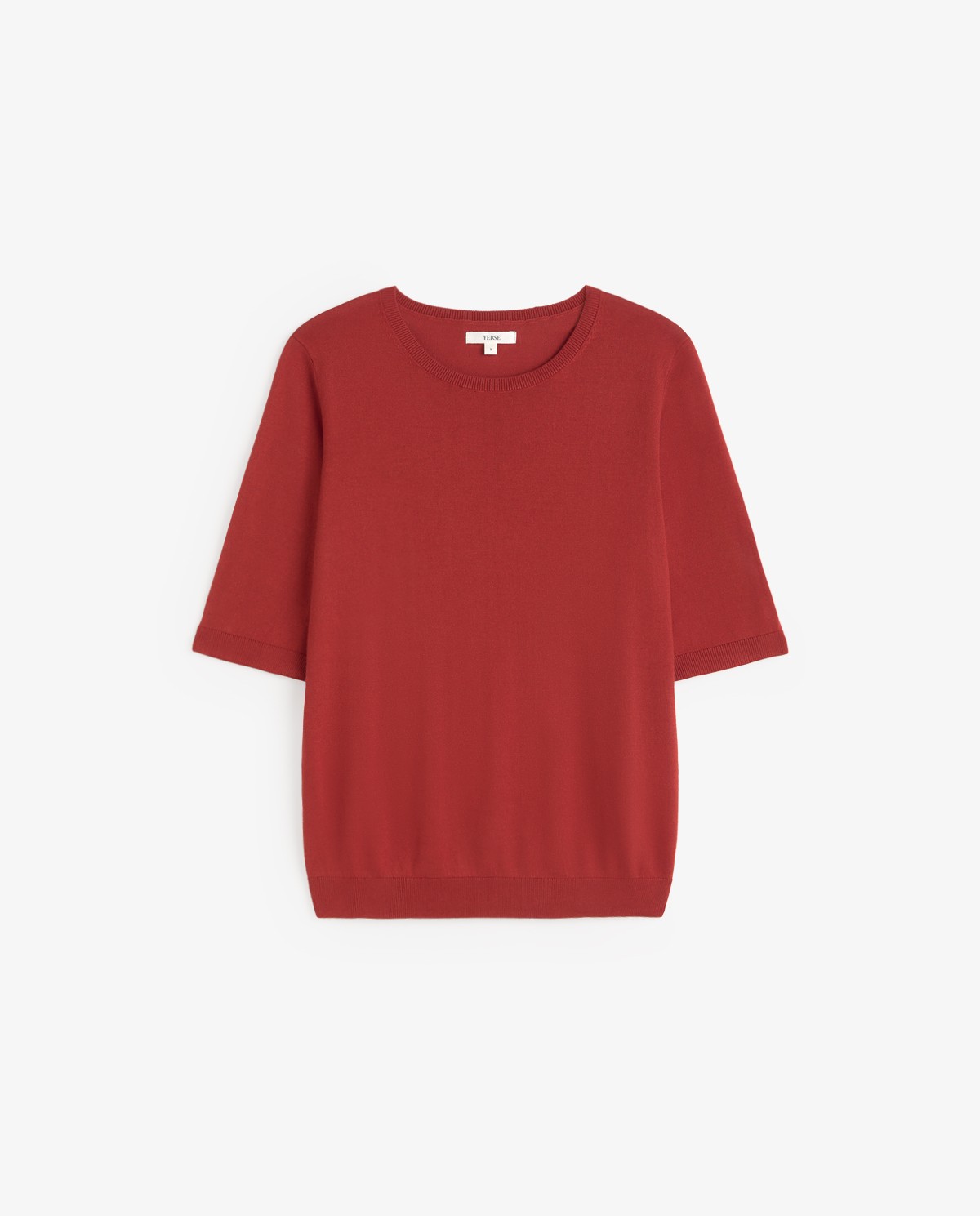 Jersey manga corta cuello redondo en color Terracota, vista frontal con detalle del tejido 5