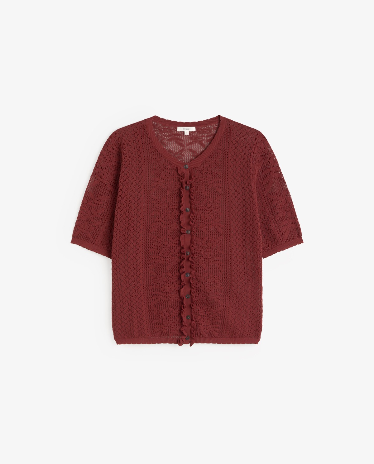 Cárdigan manga corta calado en color frambuesa, vista frontal con detalle del tejido 8