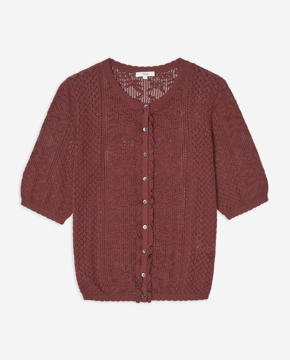 Cárdigan manga corta calado en color frambuesa, vista frontal con detalle del tejido 7