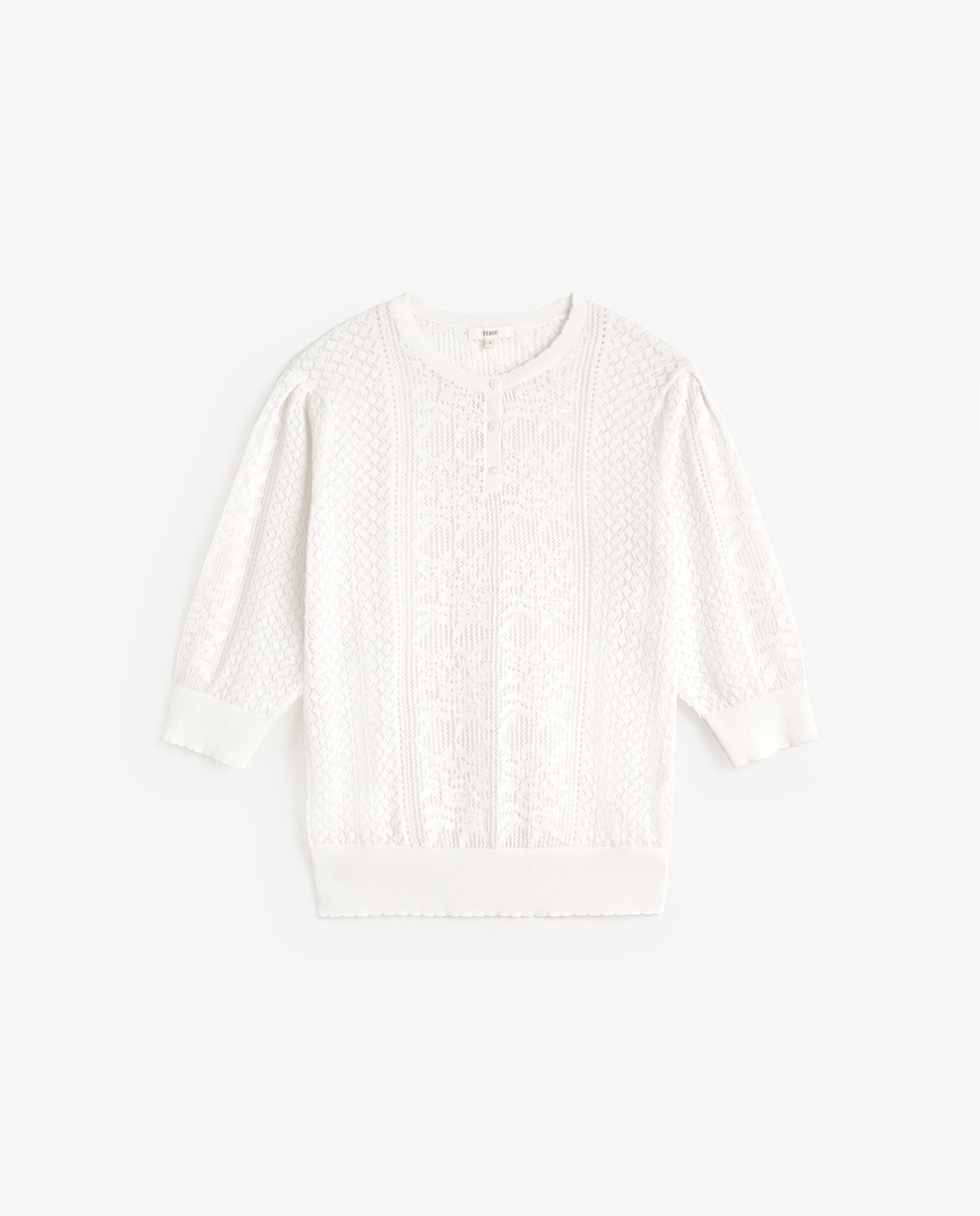Jersey calado manga corta abullonada en color blanco, vista frontal con detalle del tejido 6