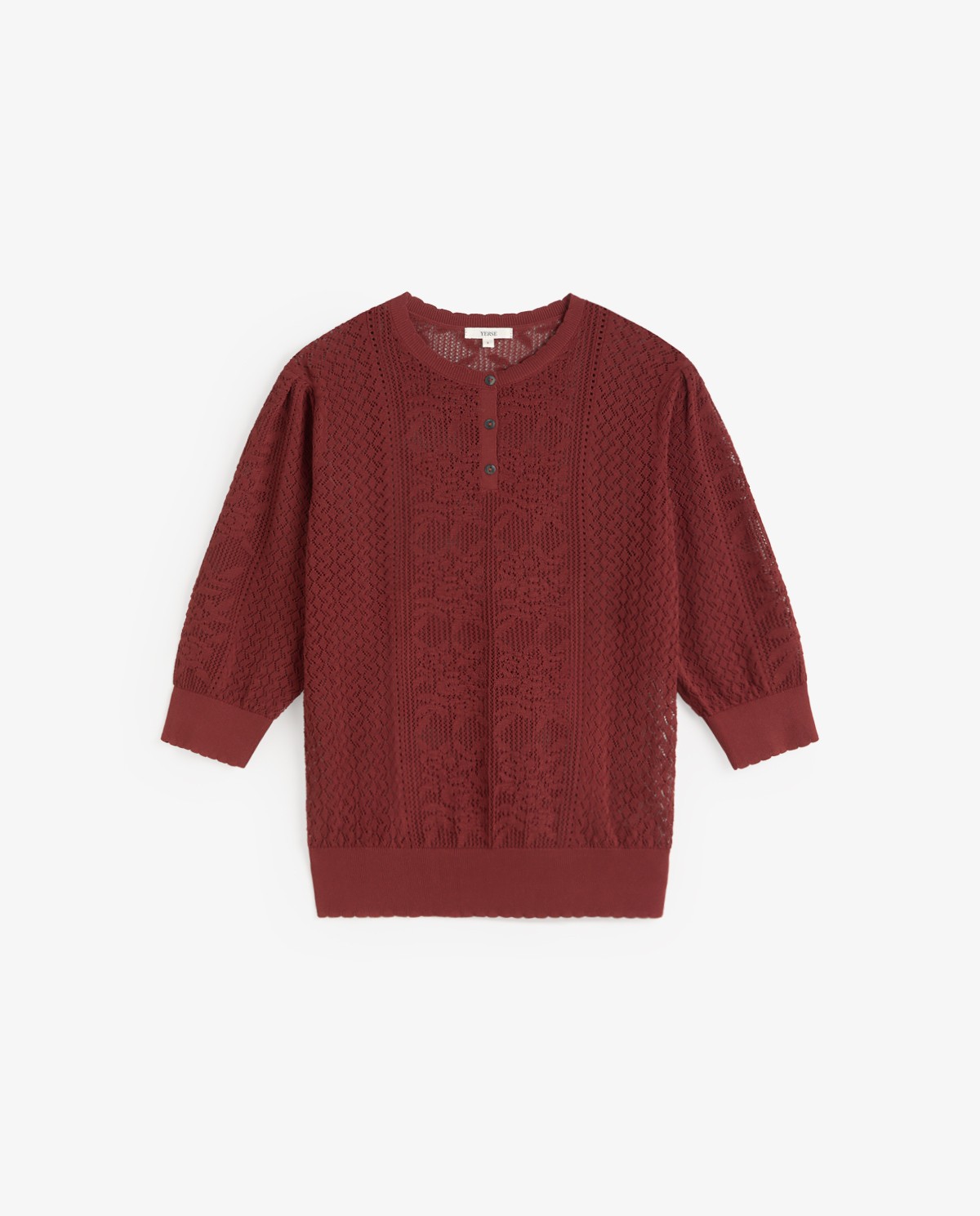 Jersey calado manga corta abullonada en color frambuesa, vista frontal con detalle del tejido 13