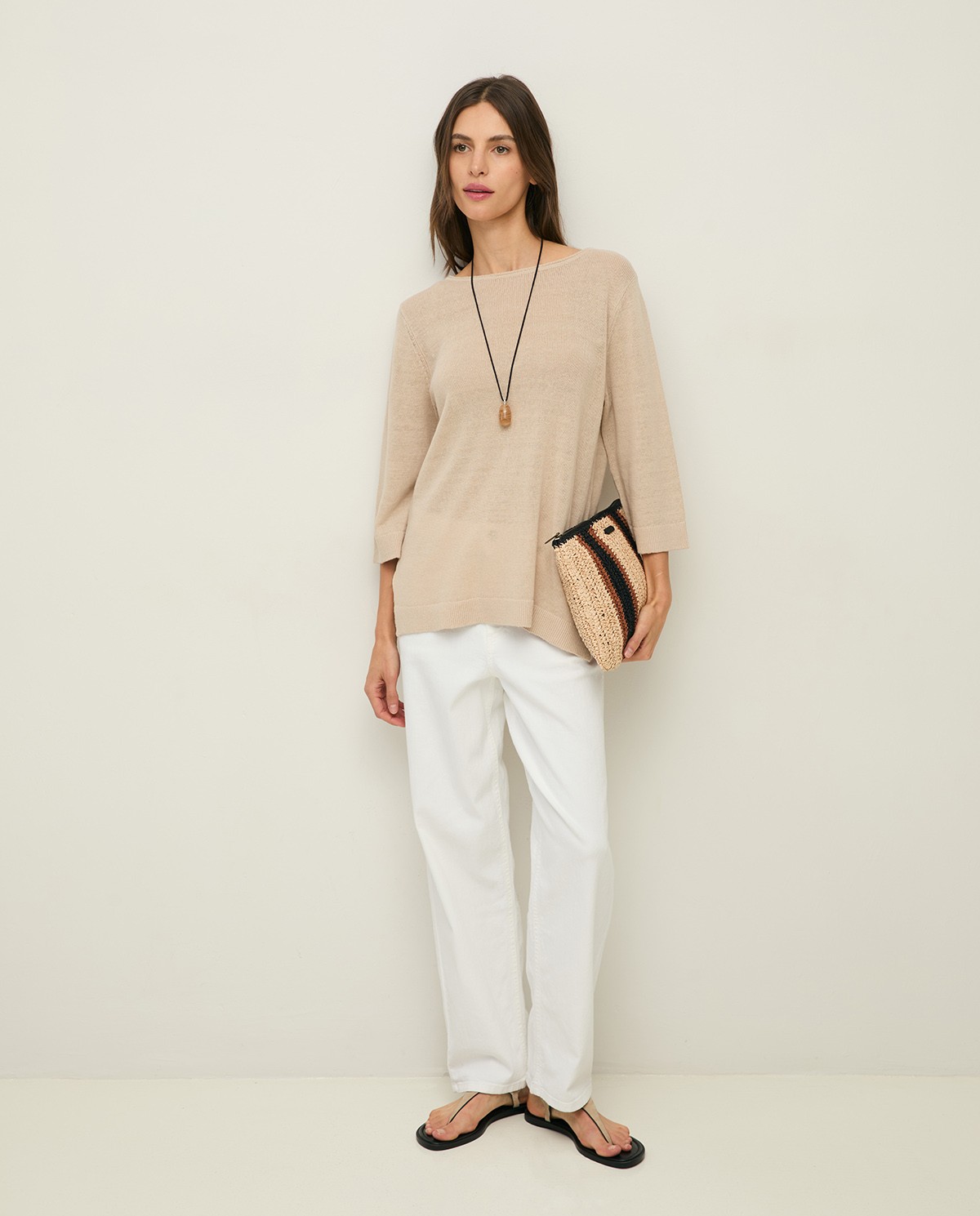 Jersey lino manga francesa en color natural, vista frontal con detalle del tejido 4