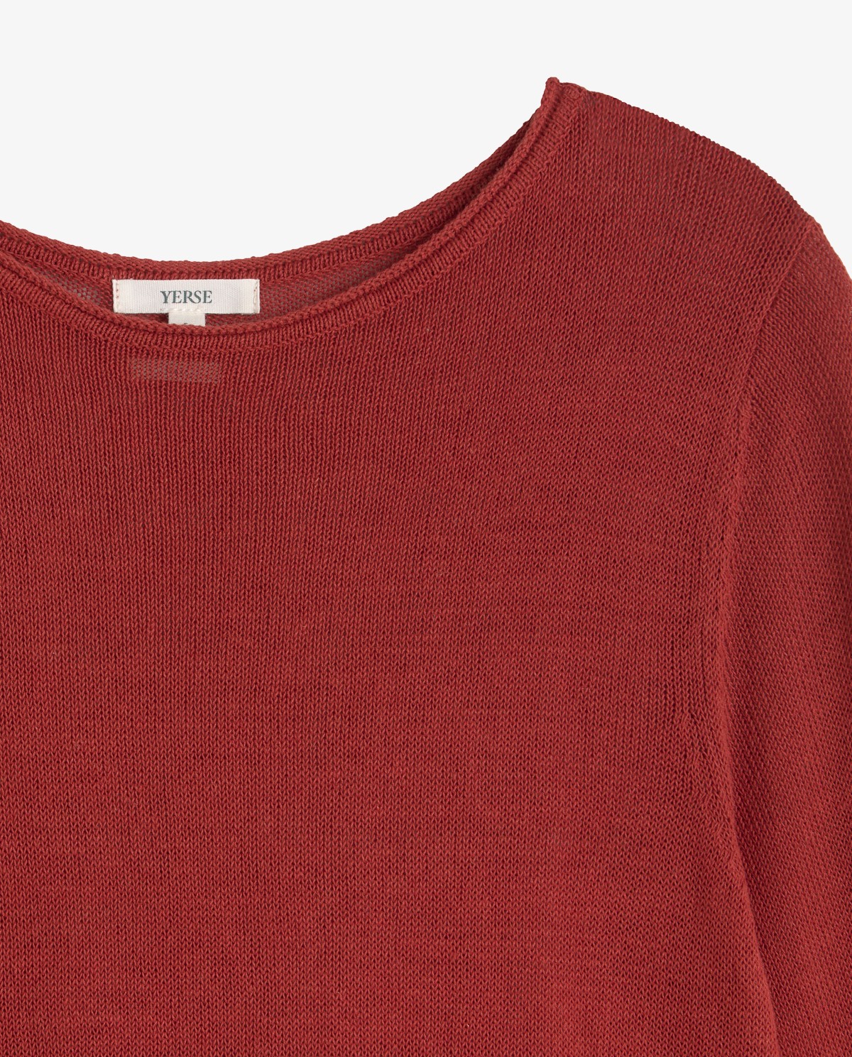 Jersey lino manga francesa en color terracota, vista frontal con detalle del tejido 8