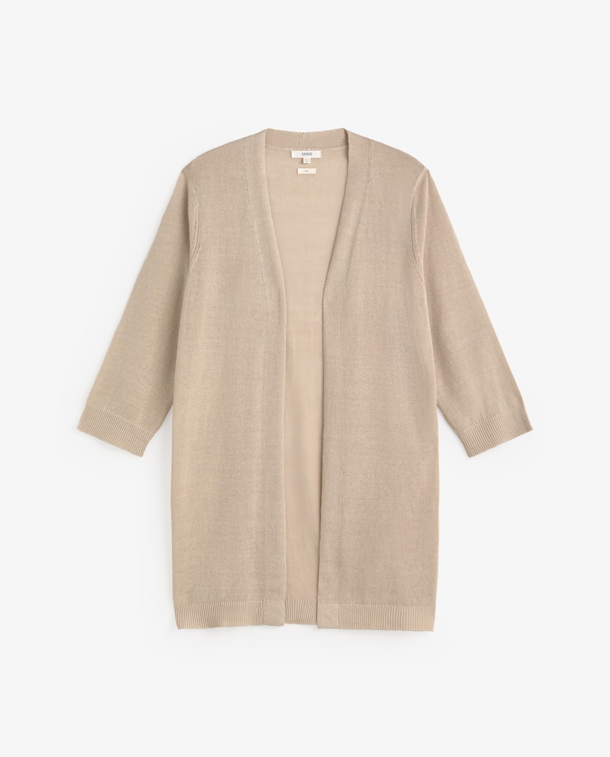 Cárdigan de lino manga francesa en color natural, vista frontal con detalle del tejido 6