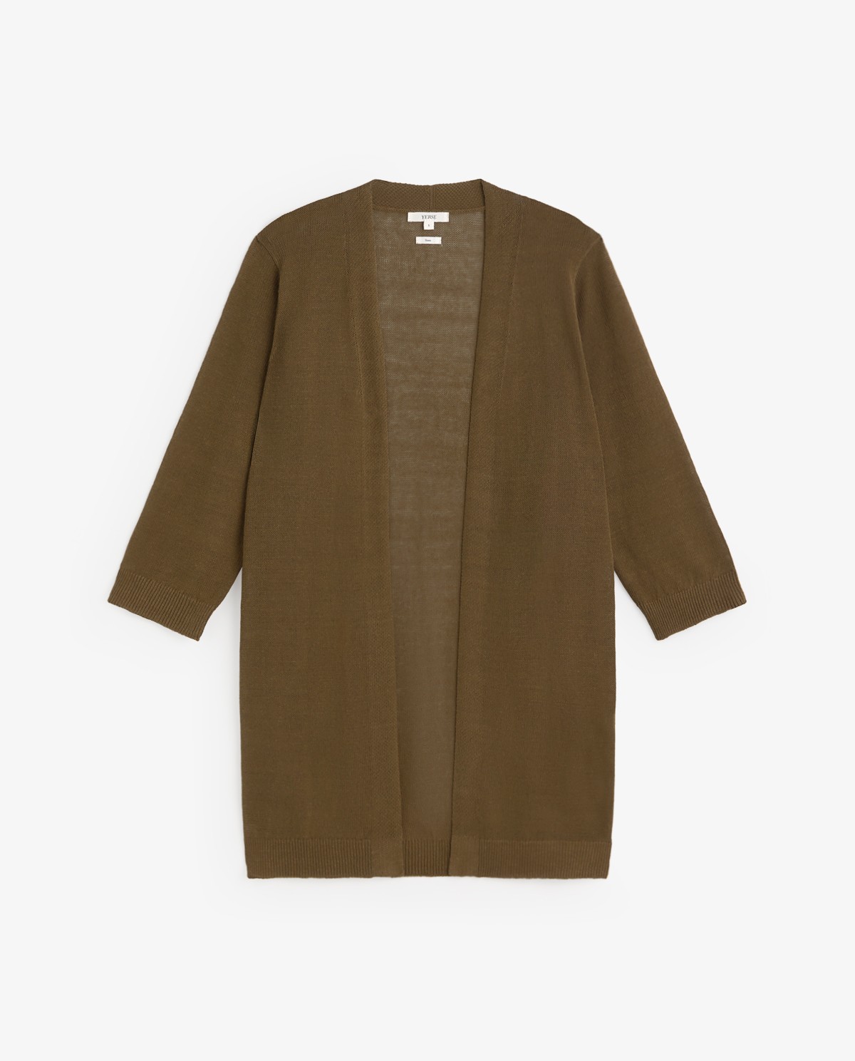 Cárdigan de lino manga francesa en color caqui, vista frontal con detalle del tejido 6