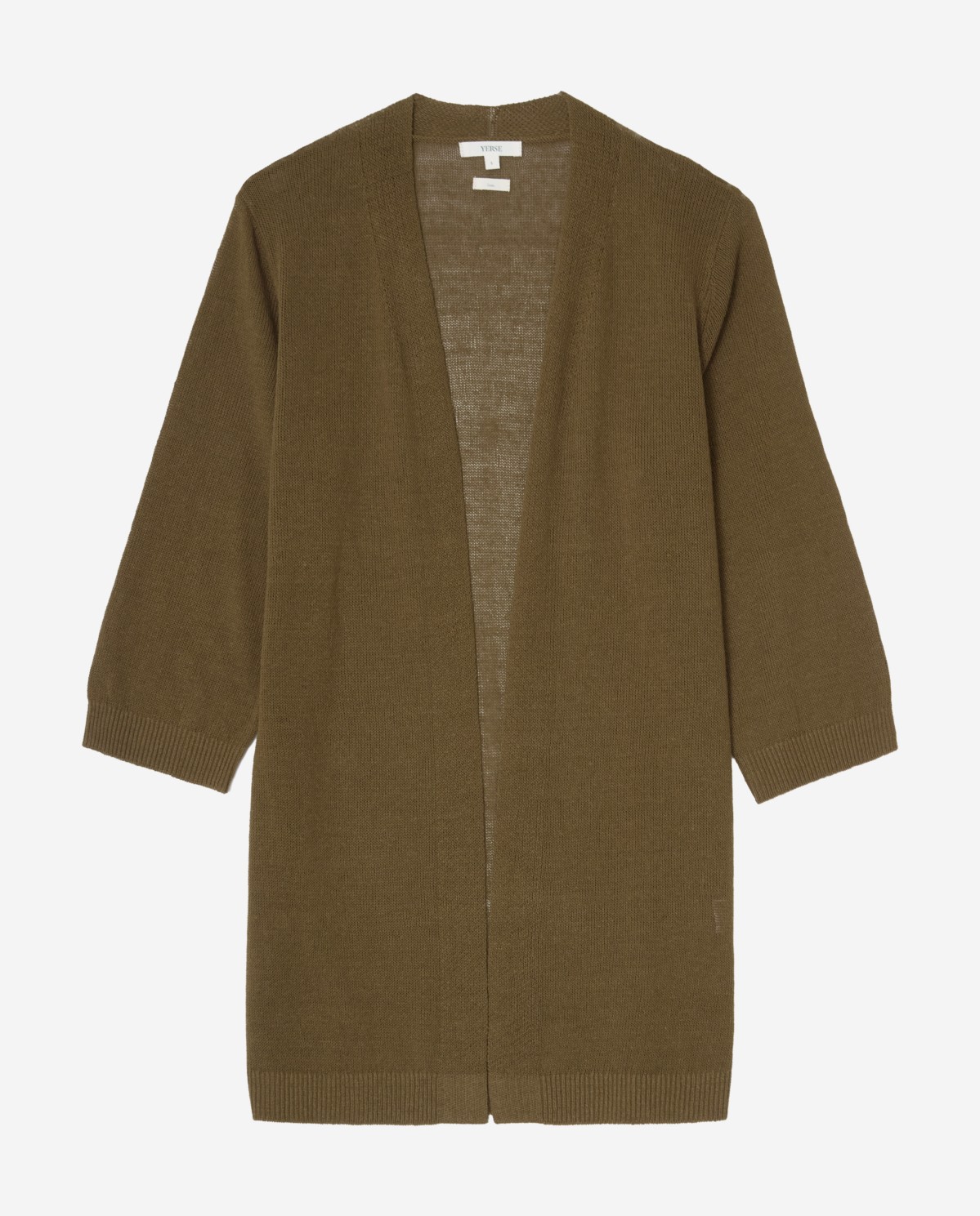 Cárdigan de lino manga francesa en color caqui, vista frontal con detalle del tejido 6