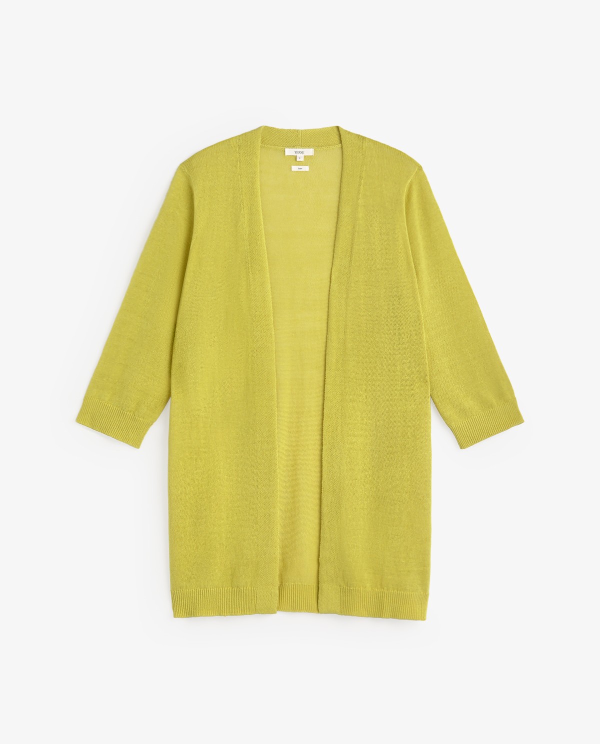 Cárdigan de lino manga francesa en color lima, vista frontal con detalle del tejido 6
