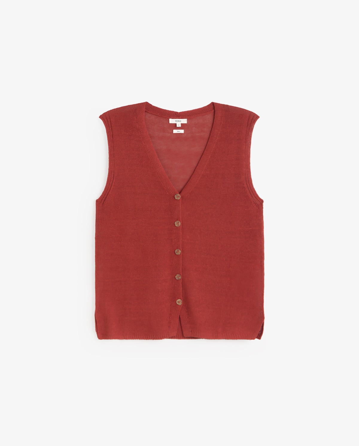 Chaleco de lino cuello pico en color terracota, vista frontal con detalle del tejido 4
