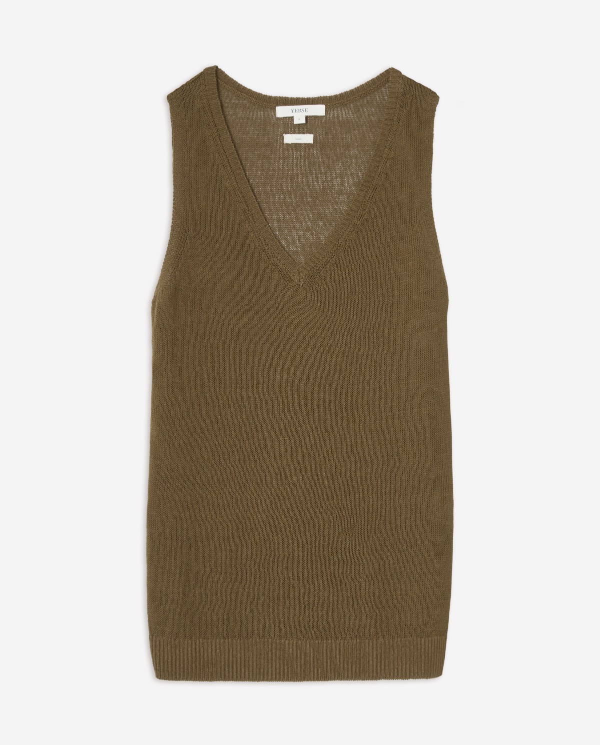 Top lino escote pico en color caqui, vista frontal con detalle del tejido 6