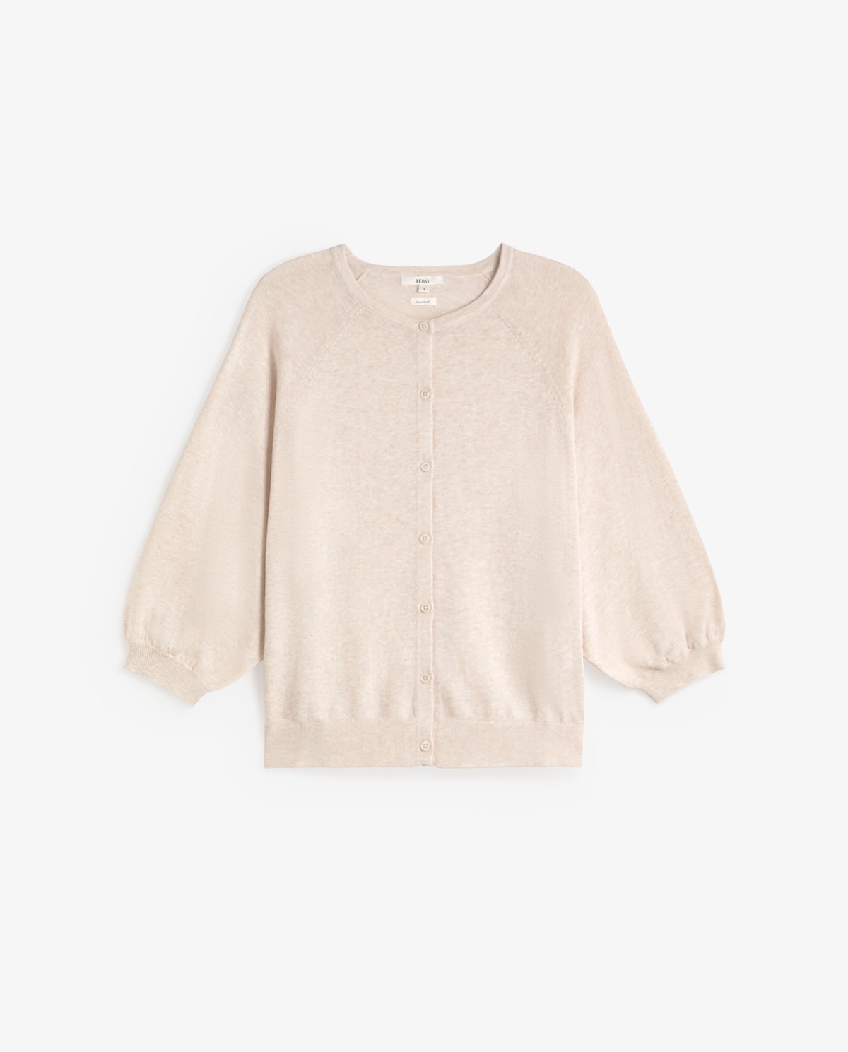 Cárdigan de punto manga abullonada en color crudo, vista frontal con detalle del tejido 7