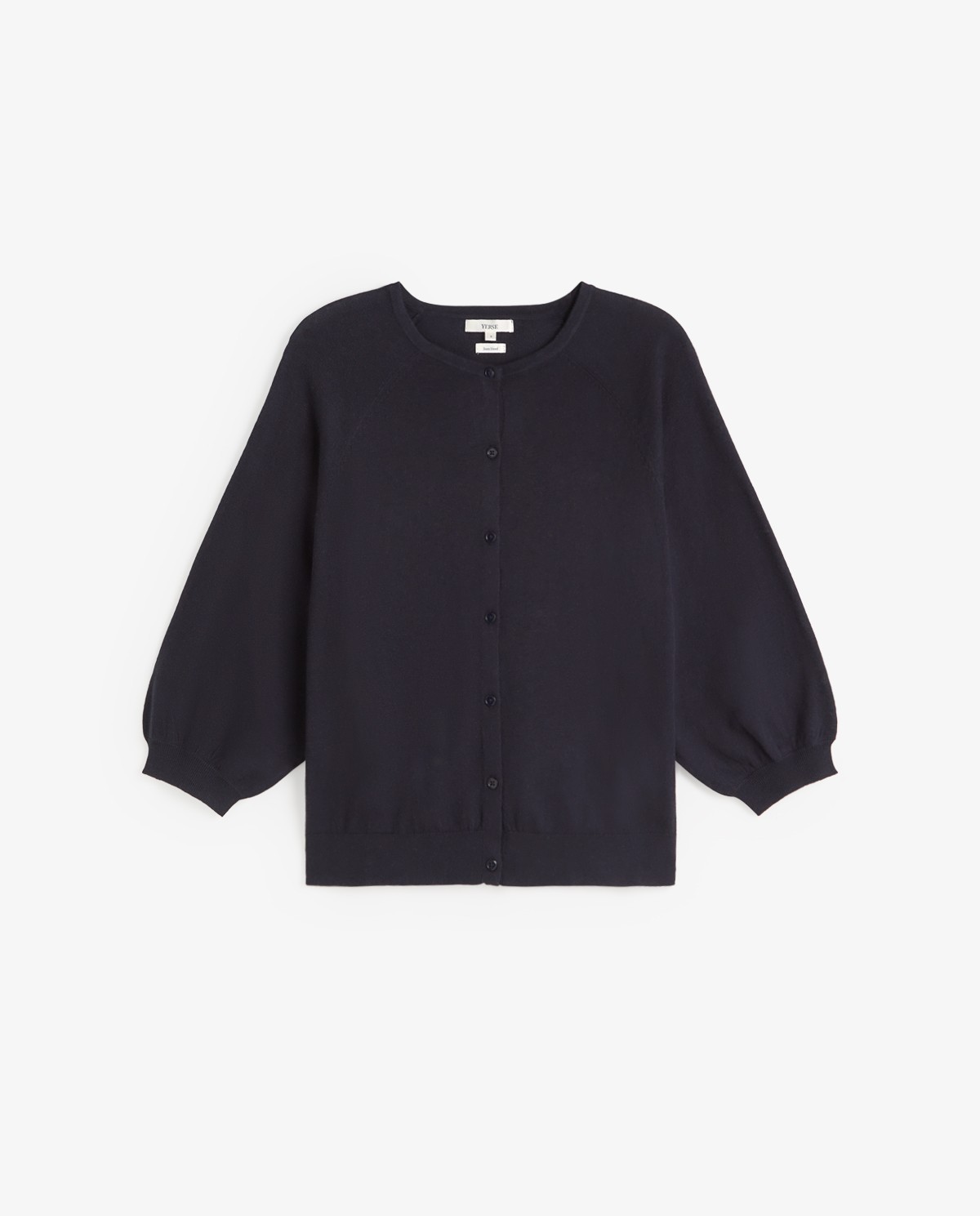 Cárdigan de punto manga abullonada en color azul oscuro, vista frontal con detalle del tejido 8