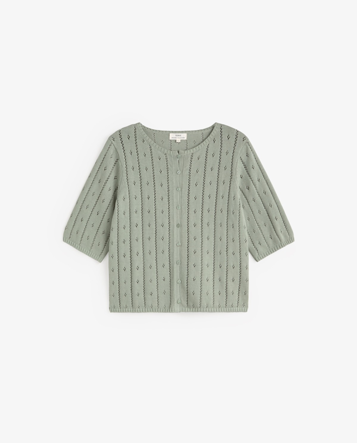 Cárdigan de punto fino calado en color verde, vista frontal con detalle del tejido 4