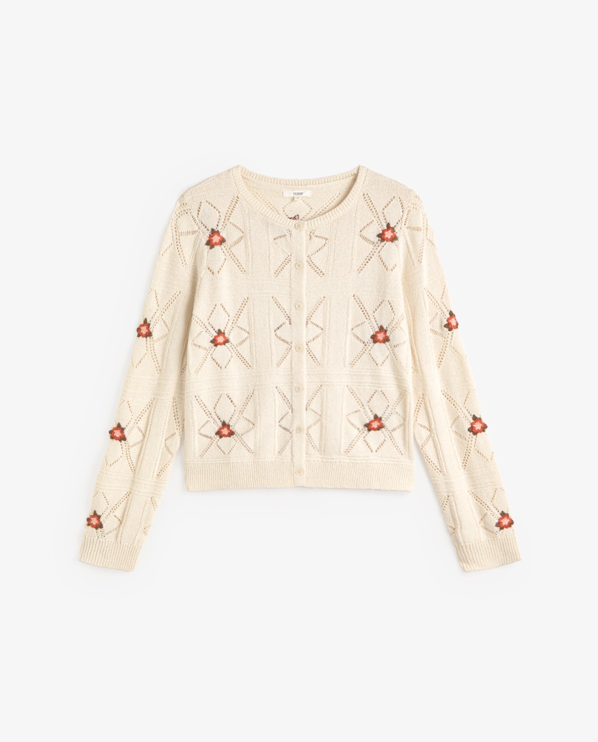 Cárdigan calado bordado floral en color crudo, vista frontal con detalle del tejido 6