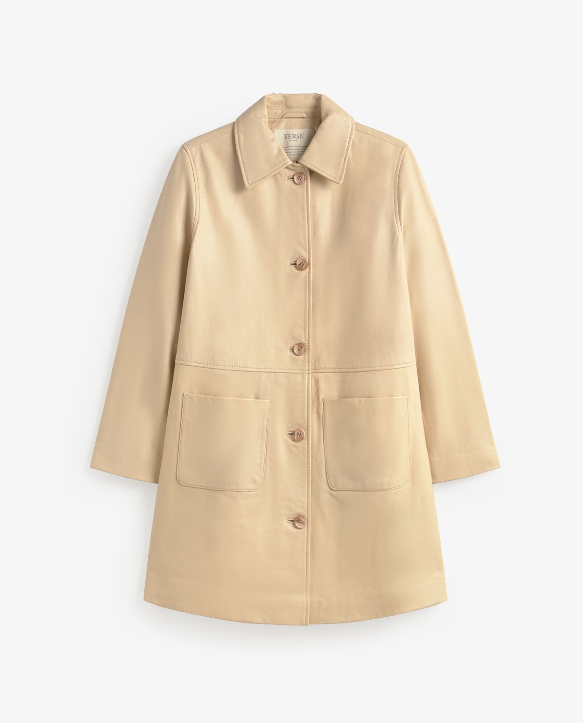 Chaqueta cuero midi en color crudo, vista frontal con detalle del tejido 10