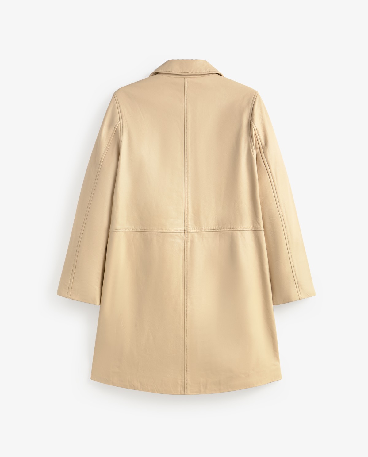 Chaqueta cuero midi en color crudo, vista frontal con detalle del tejido 12