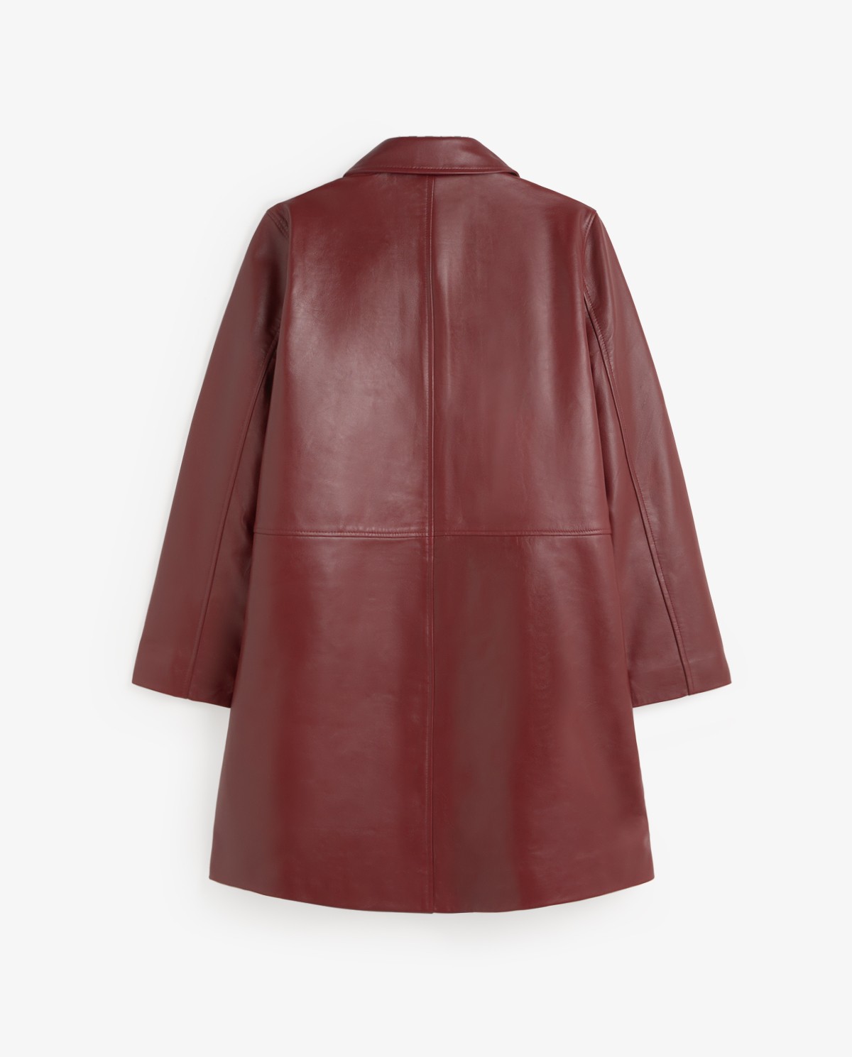 Chaqueta cuero midi en color burdeos, vista frontal con detalle del tejido 12