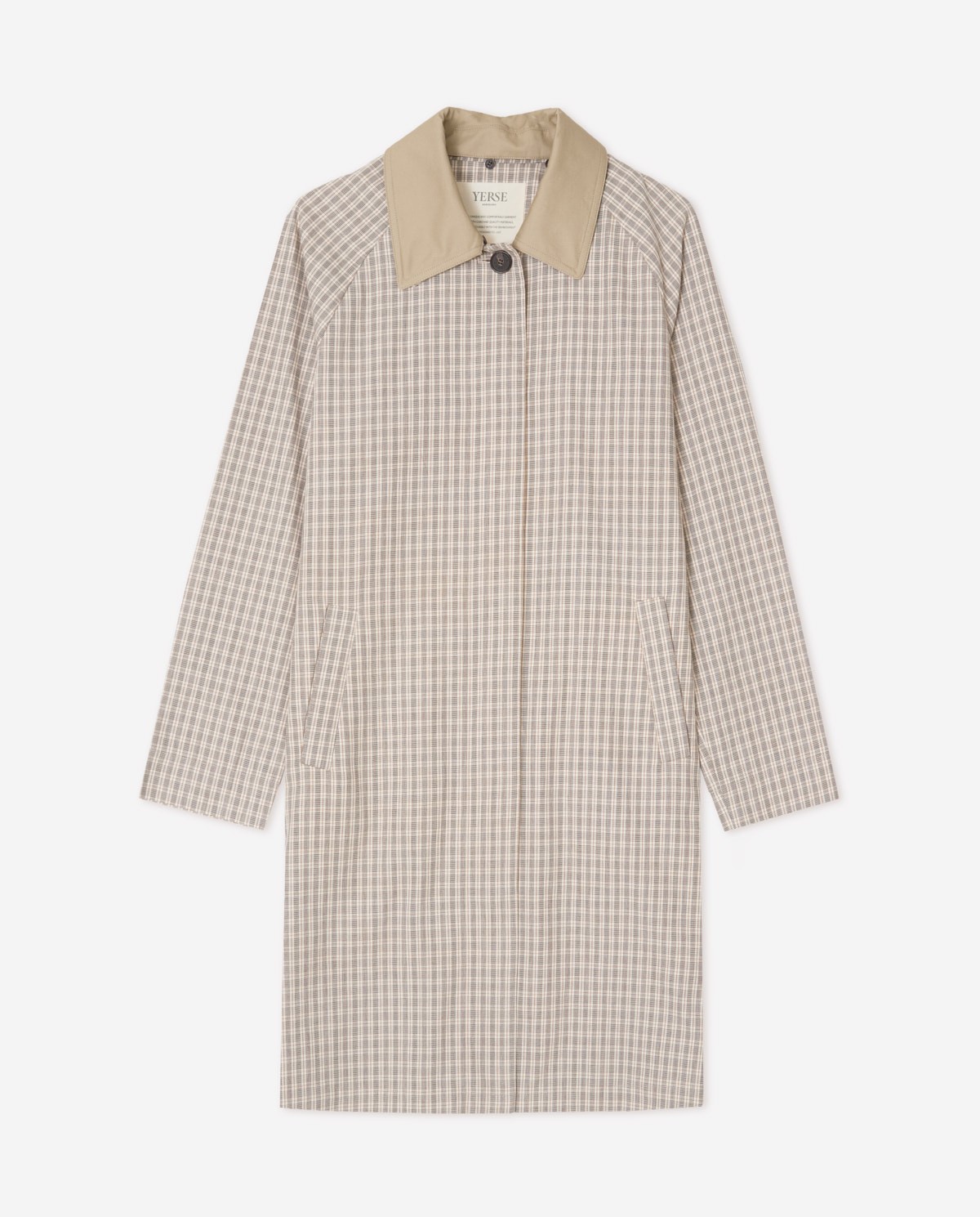 Gabardina water repellent cuadros en color crudo, vista frontal con detalle del tejido 9