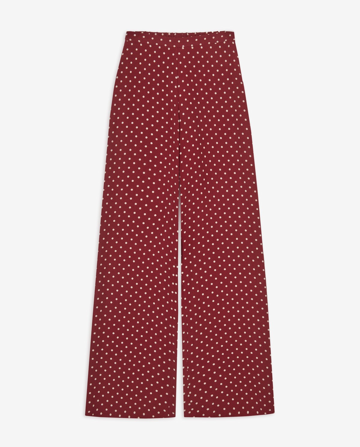 Pantalón fluido de lunares con diseño wide leg en fondo burdeos 7