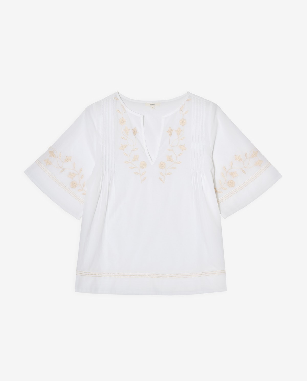 Camisa blanca de manga corta con bordado floral en tono crudo 5