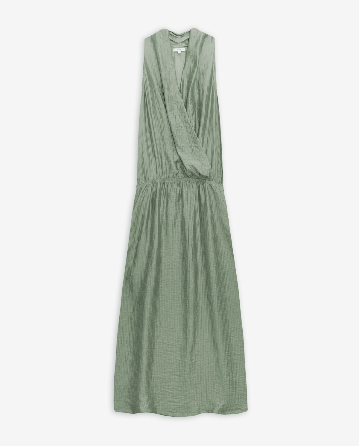 Vestido largo sin mangas en doble gasa verde con escote cruzado 6