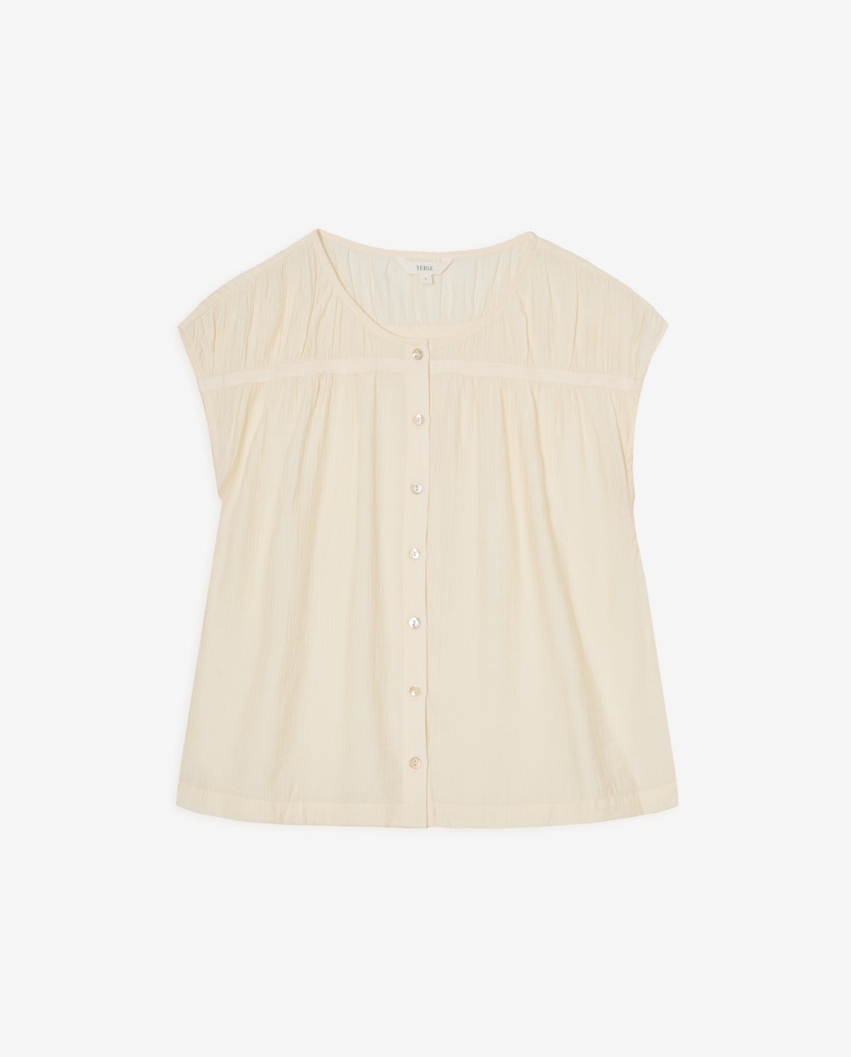 Blusa de manga corta con estampado de rayas en color crudo y botones nacarados 4