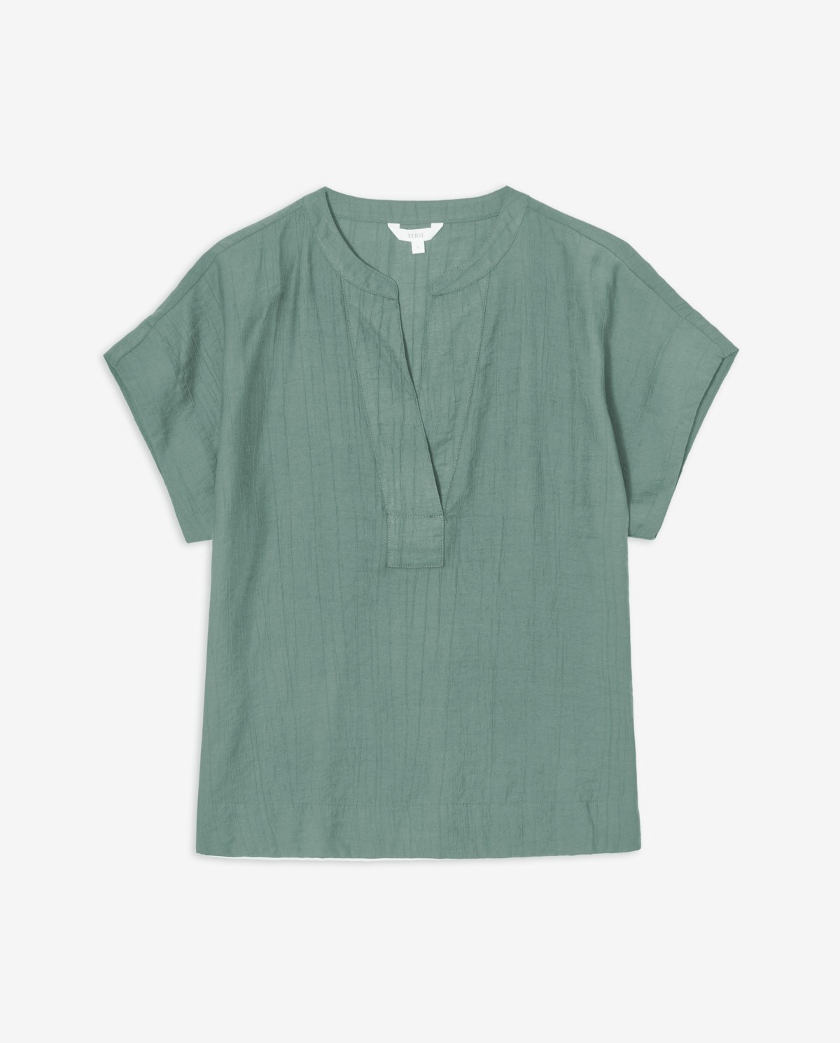 Blusa fluida verde de manga corta con escote de pico y cuello mao 4