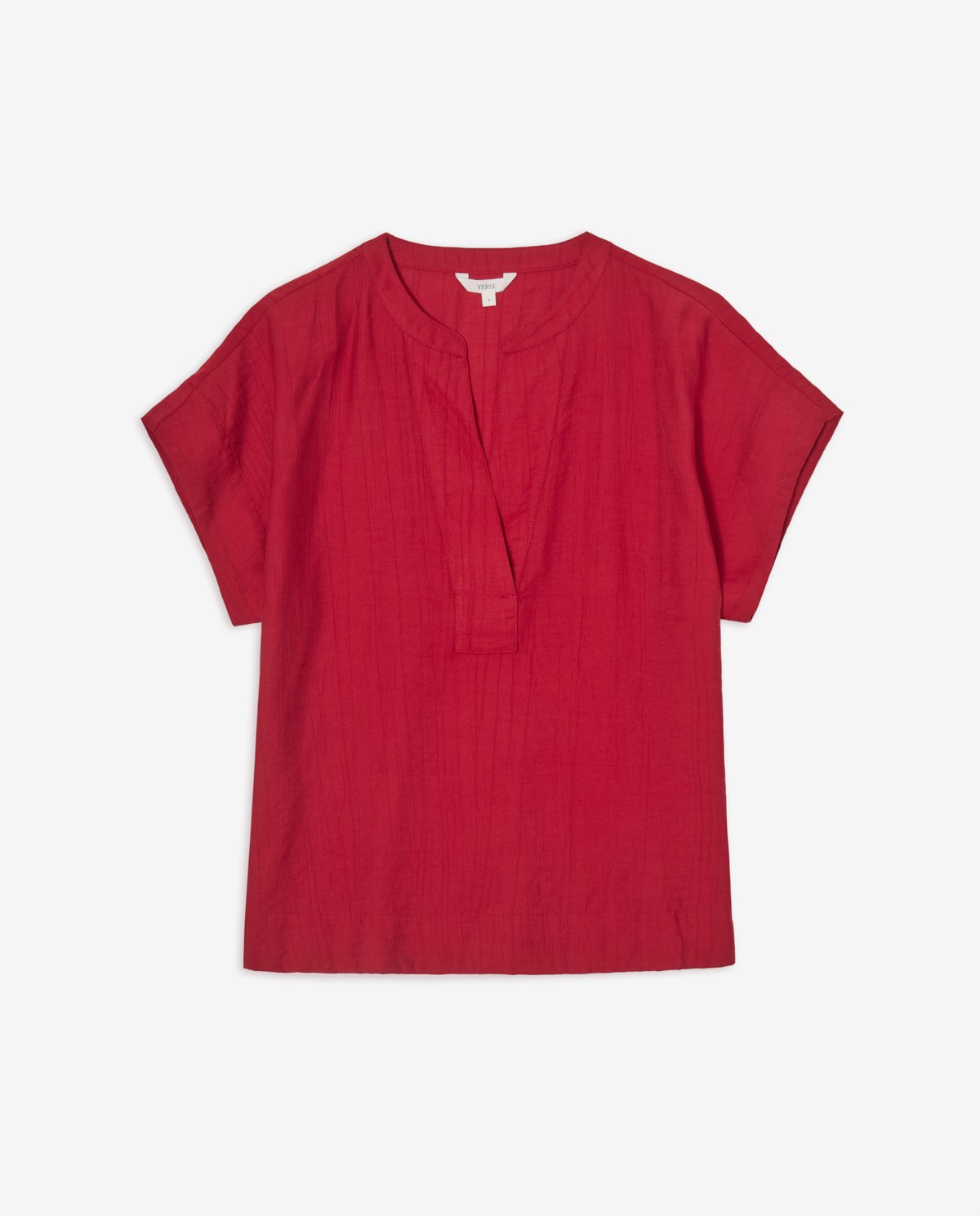 Blusa fluida roja de manga corta con escote de pico y cuello mao 7