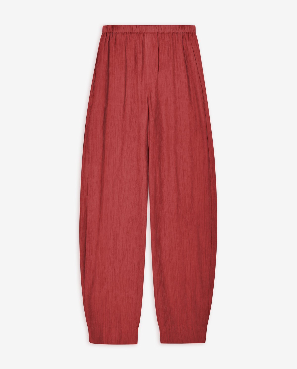 Pantalón fluido wide leg en color rojo con cintura elástica y acabado ligeramente arrugado 4