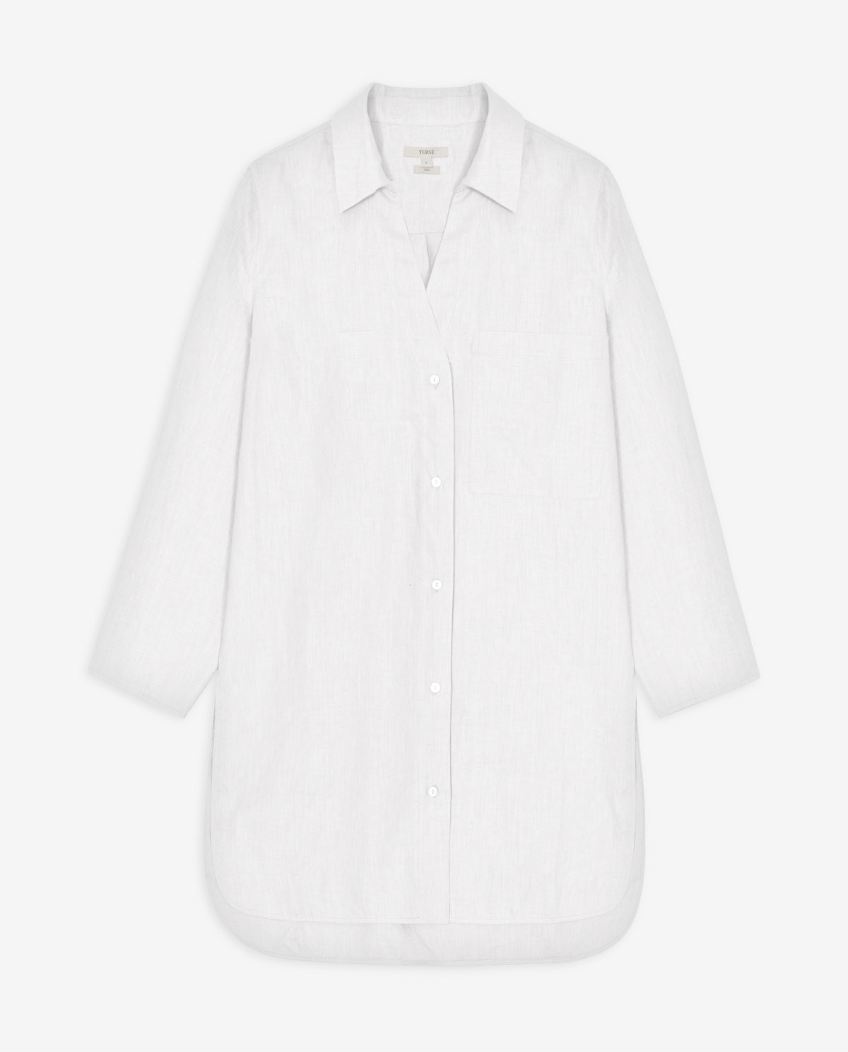 Vestido camisero de lino blanco con manga larga y botones frontales 6