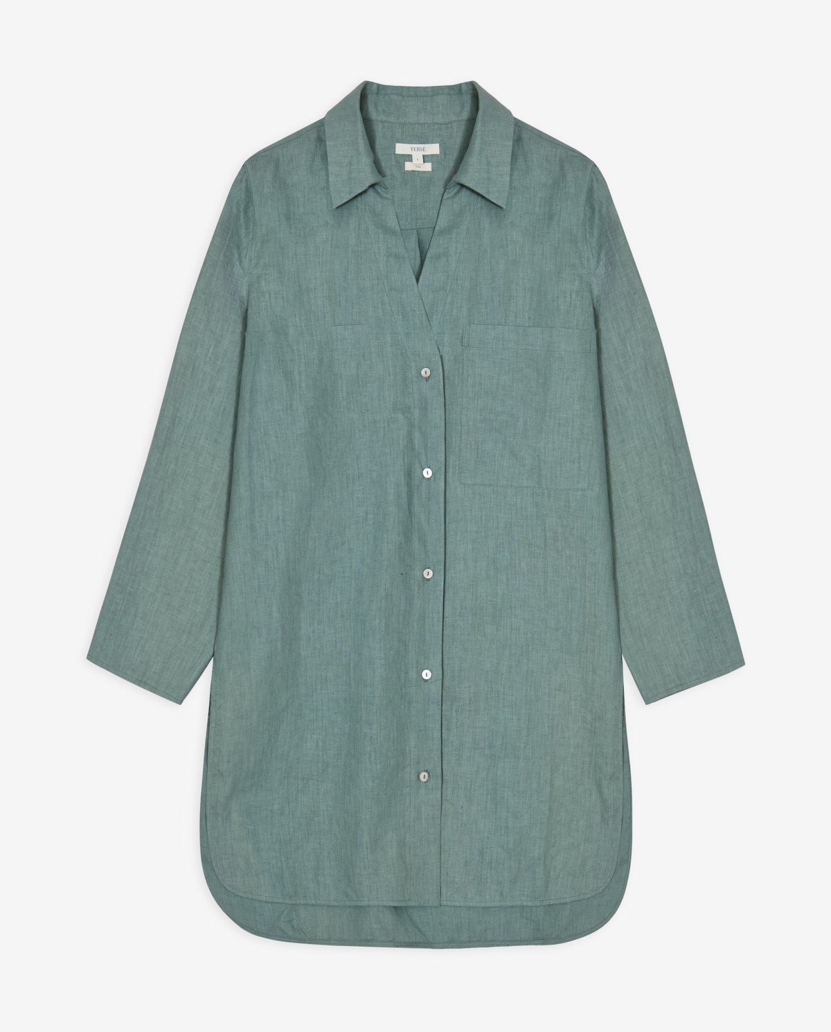 Vestido camisero de lino verde con manga larga y botones frontales 8
