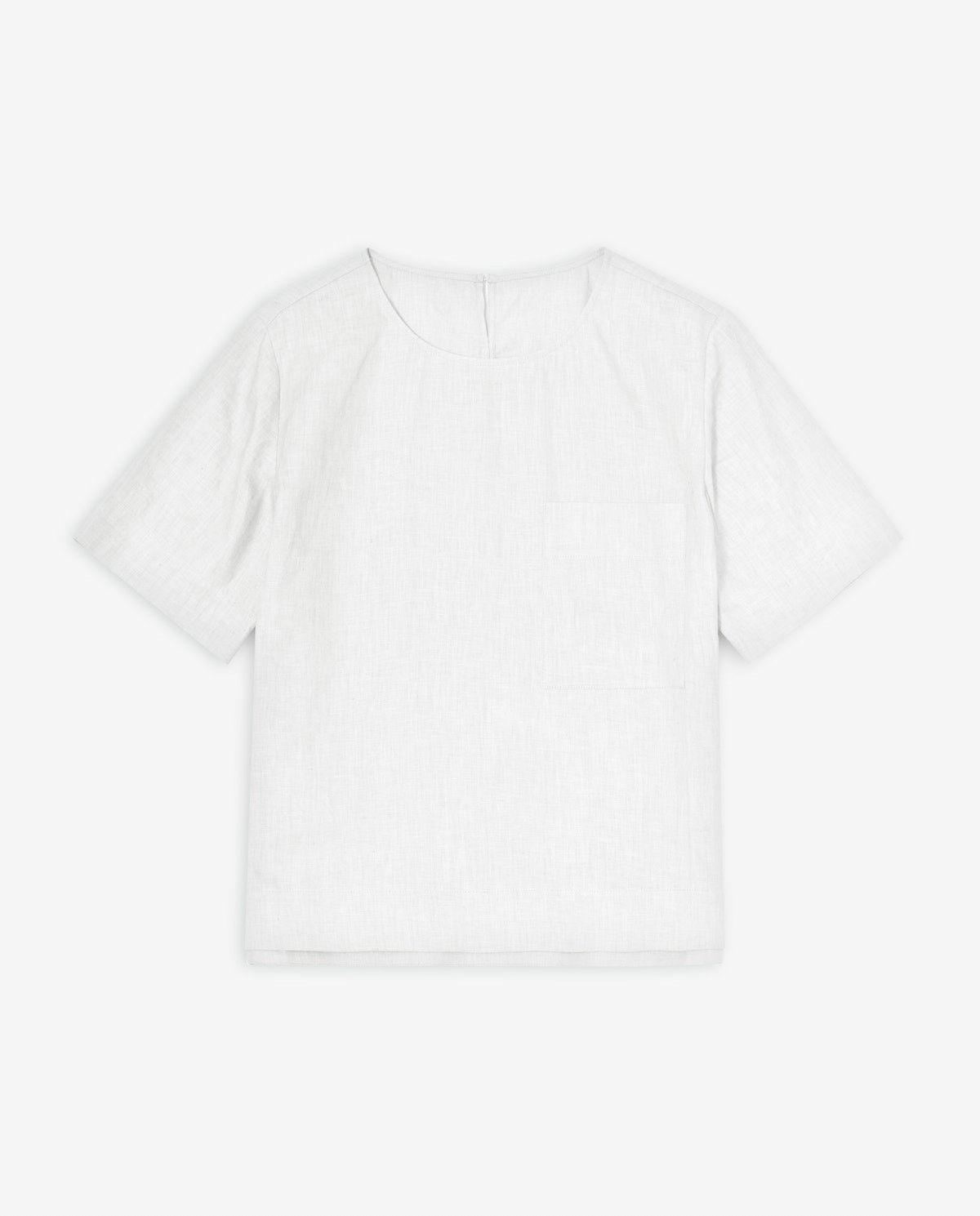 Blusa blanca de lino con manga corta, cuello redondo y bolsillo frontal 6