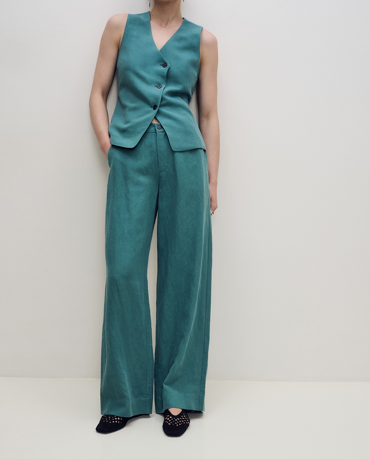 Pantalón traje recto mezcla lino