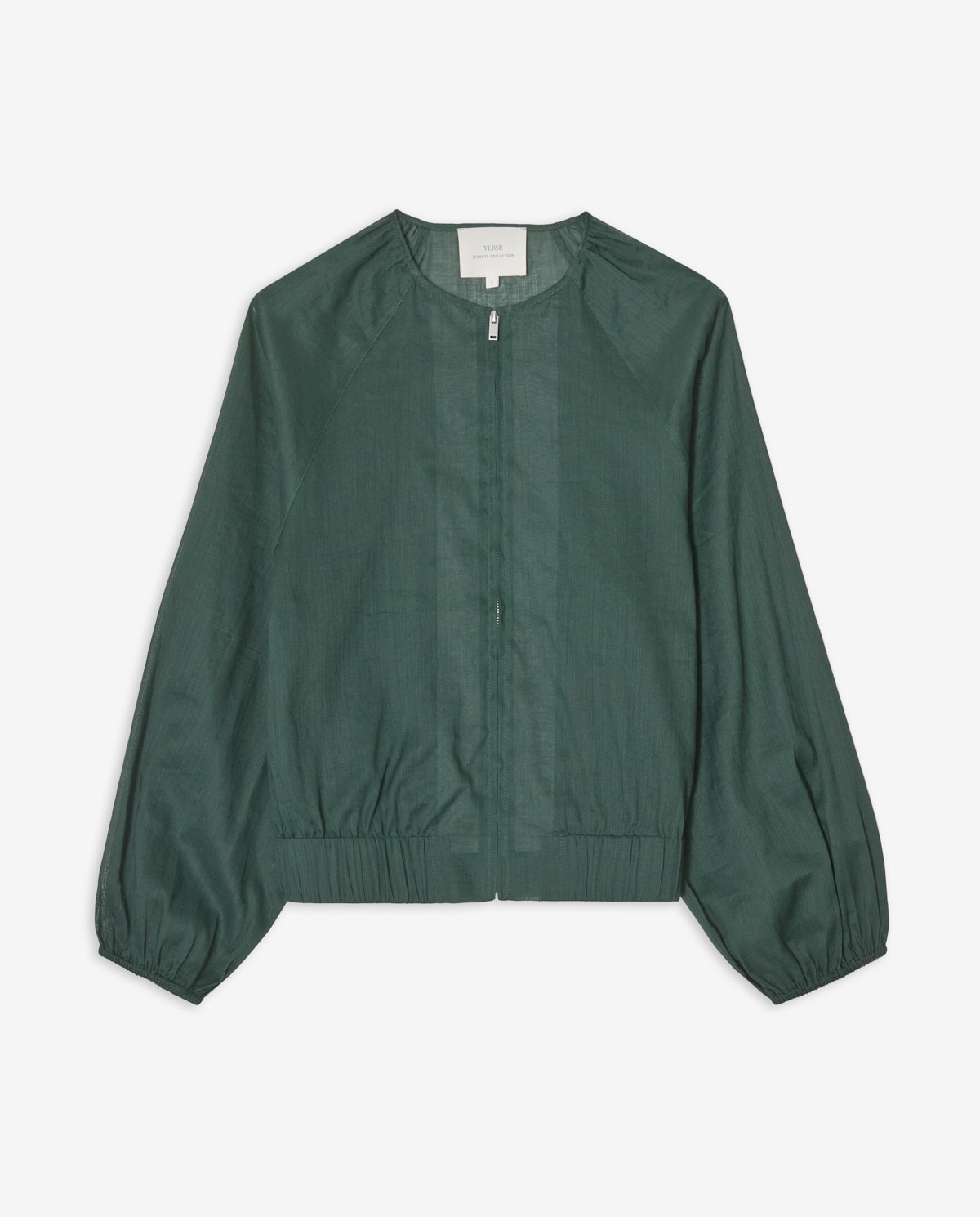 Chaqueta bomber ligera en color verde con cremallera y manga abullonada 7