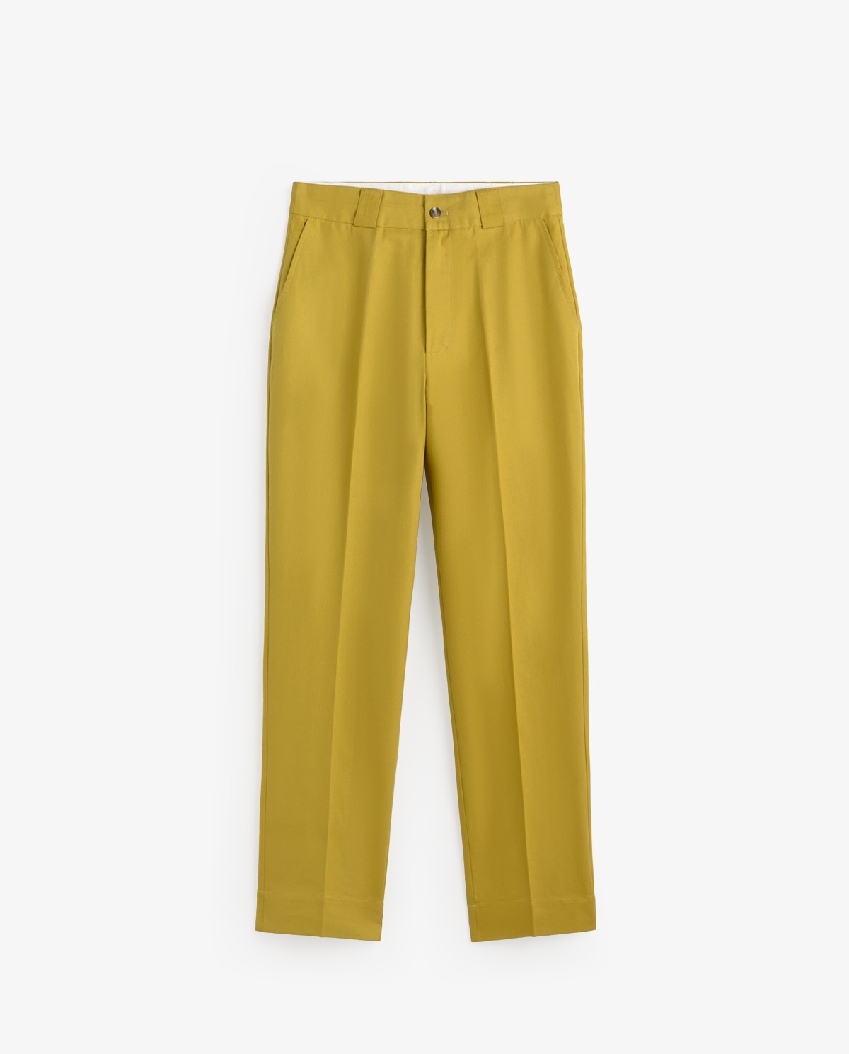 Pantalón sastrero de pinzas en color Verde oliva, vista frontal con detalle del tejido 6