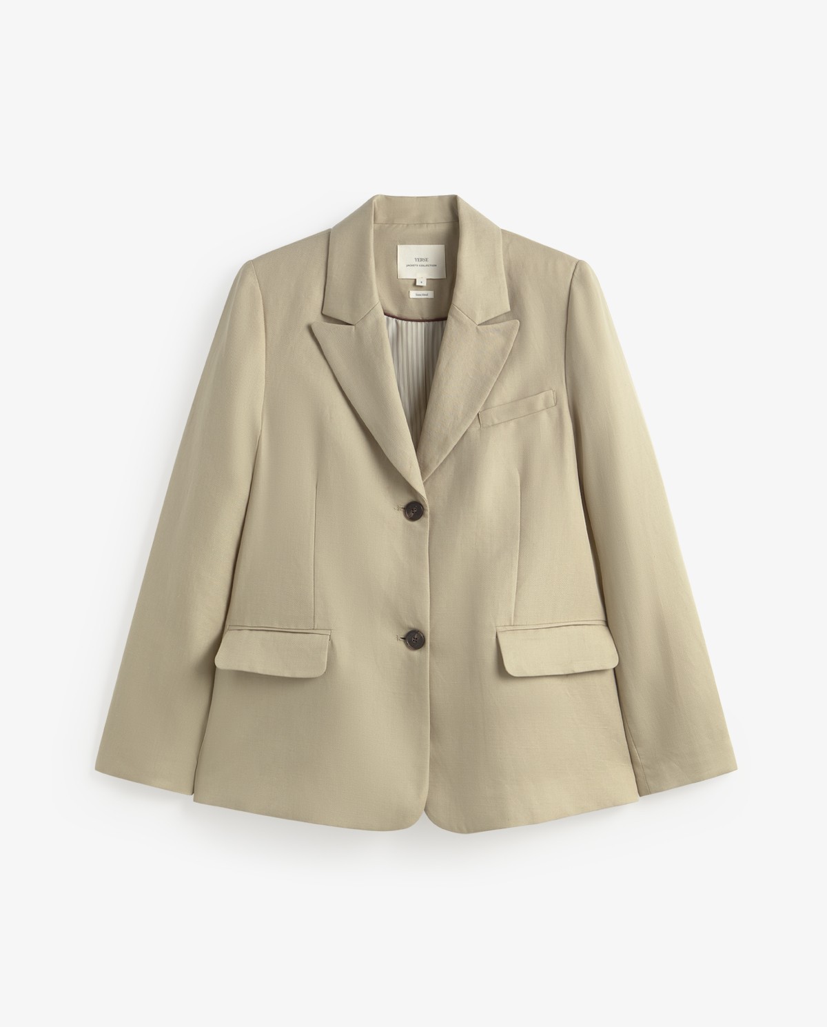 Blazer mezcla lino con botones en color beige, vista frontal con detalle del tejido 8