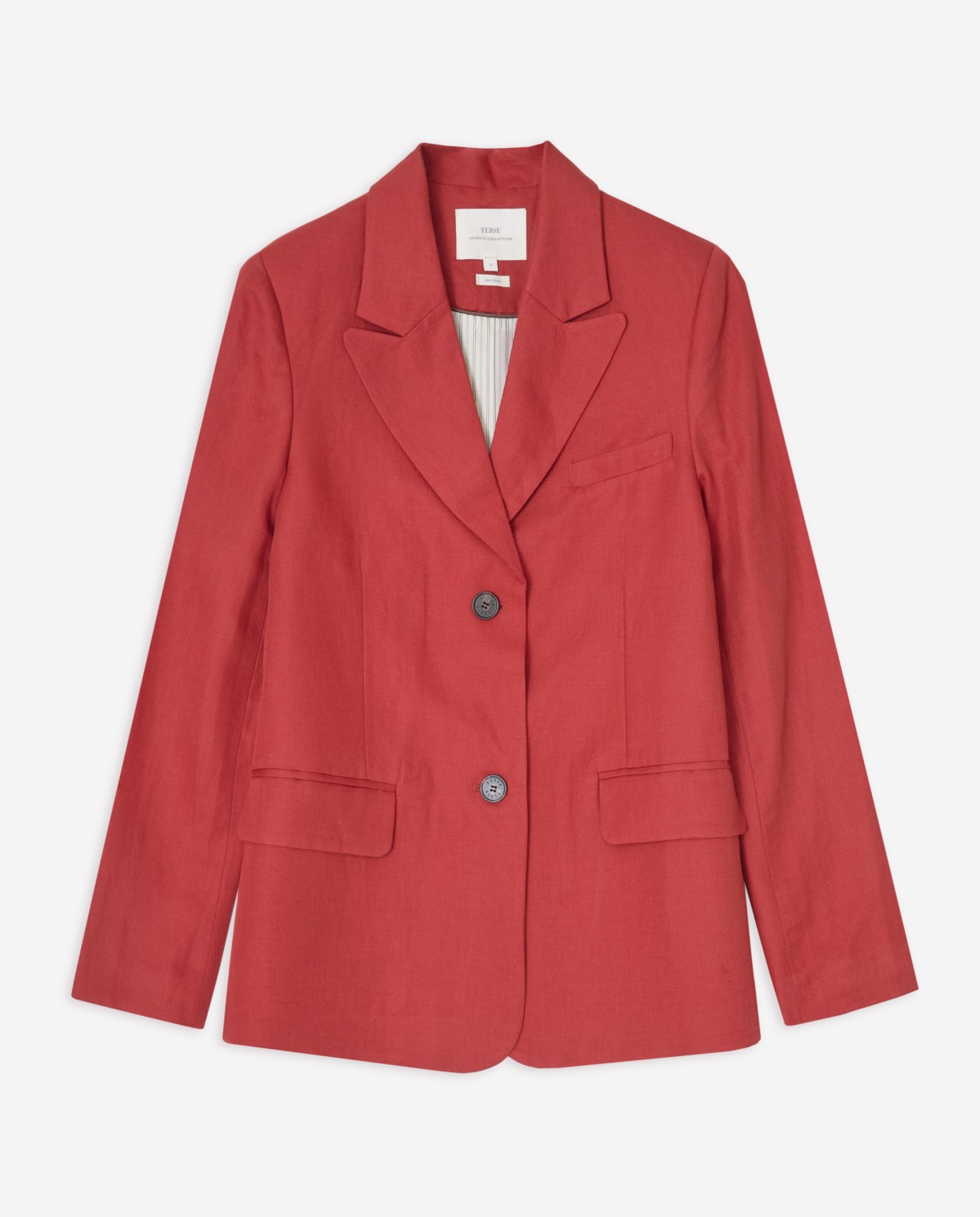 Blazer mezcla lino con botones en color burdeos, vista frontal con detalle del tejido 7
